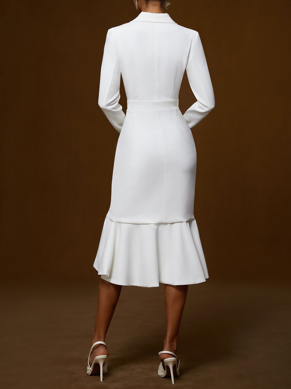 White Irregular Craftsmanship Ruffled Blazer Shawl Collar Long Sleeve Mermaid Midi Dress