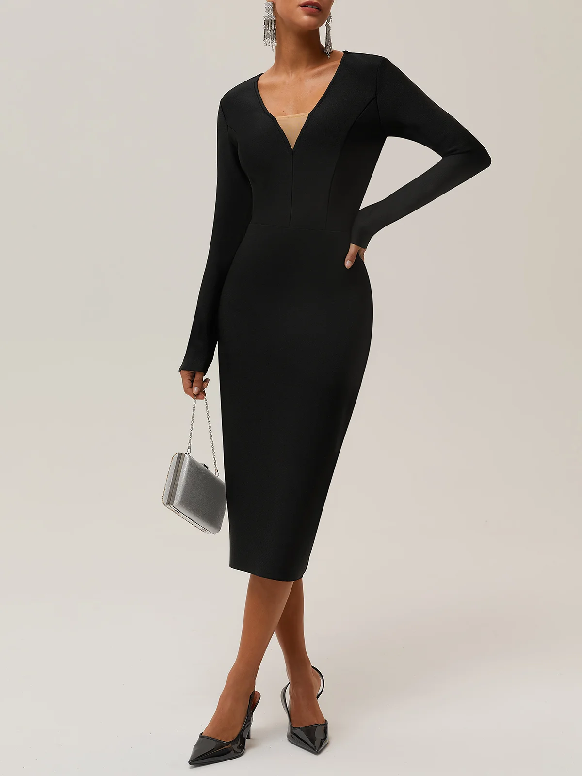 Black Fringed Beaded V Neck Long Sleeve Sheath Midi Dress