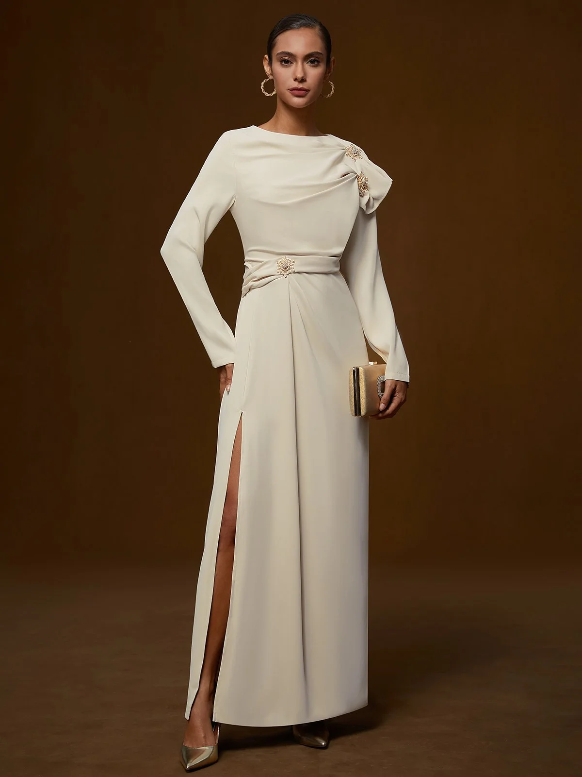 Apricot Ruched Long Sleeve Slit Shift Maxi Dress