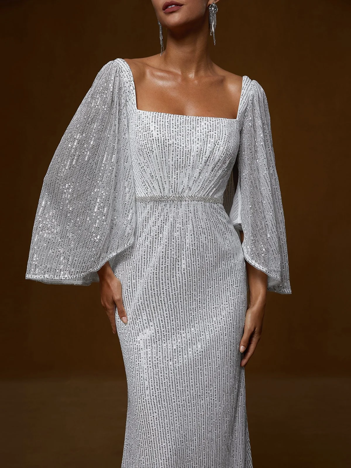 Silver Glitter Sequin Square Neck Three Quarter Sleeve Shift Gown