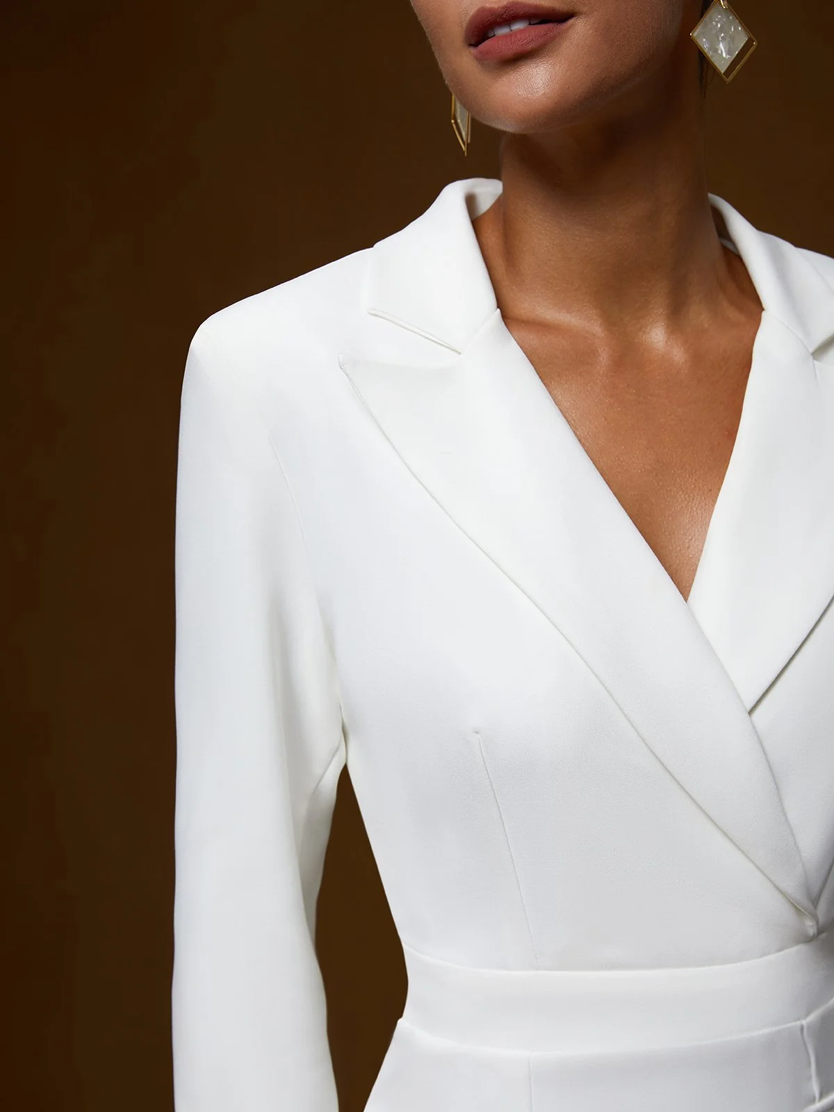 White Irregular Craftsmanship Ruffled Blazer Shawl Collar Long Sleeve Mermaid Midi Dress