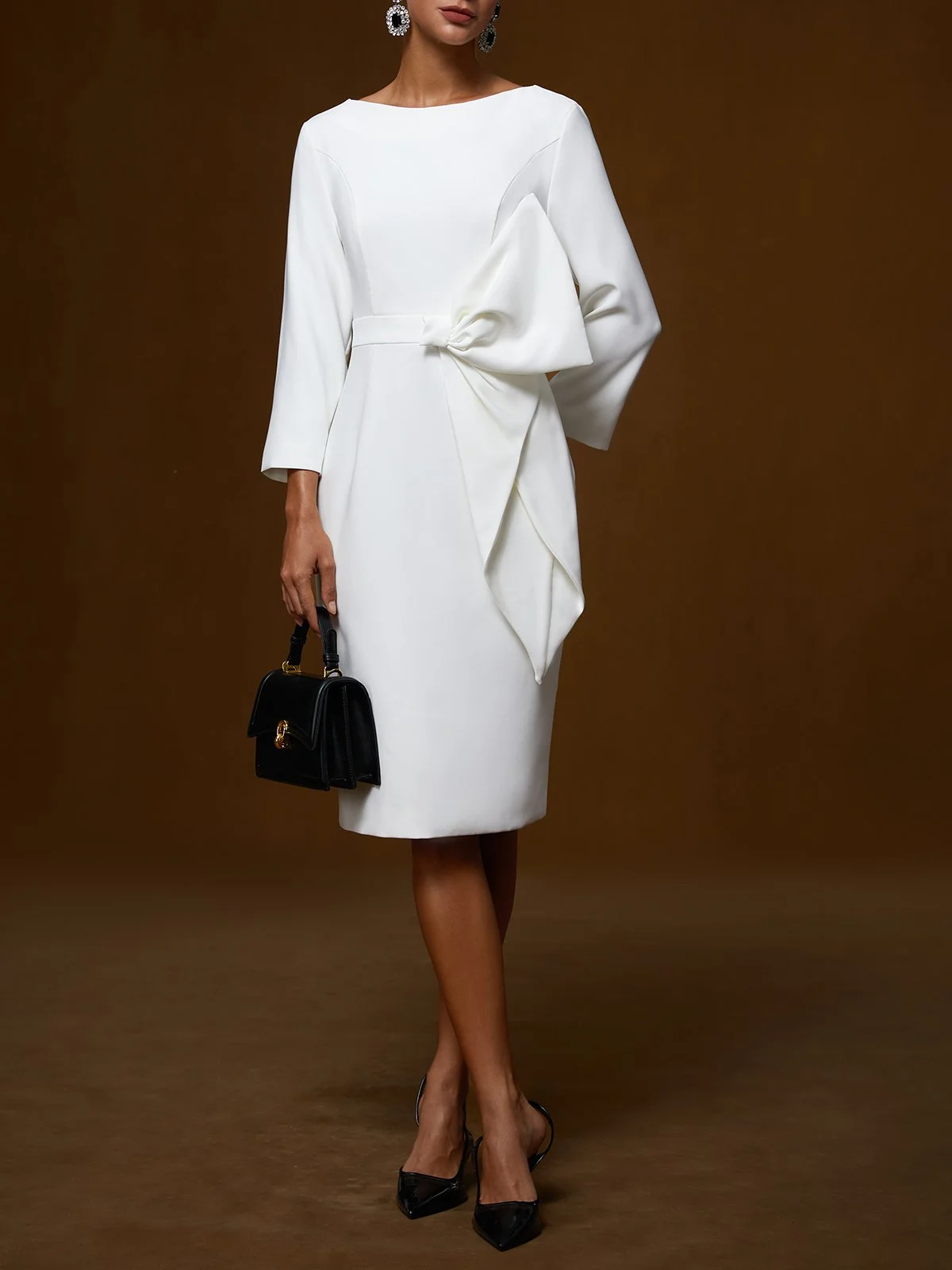 White Bow Classic Boat Neck Three Quarter Sleeve Shift Midi Dress