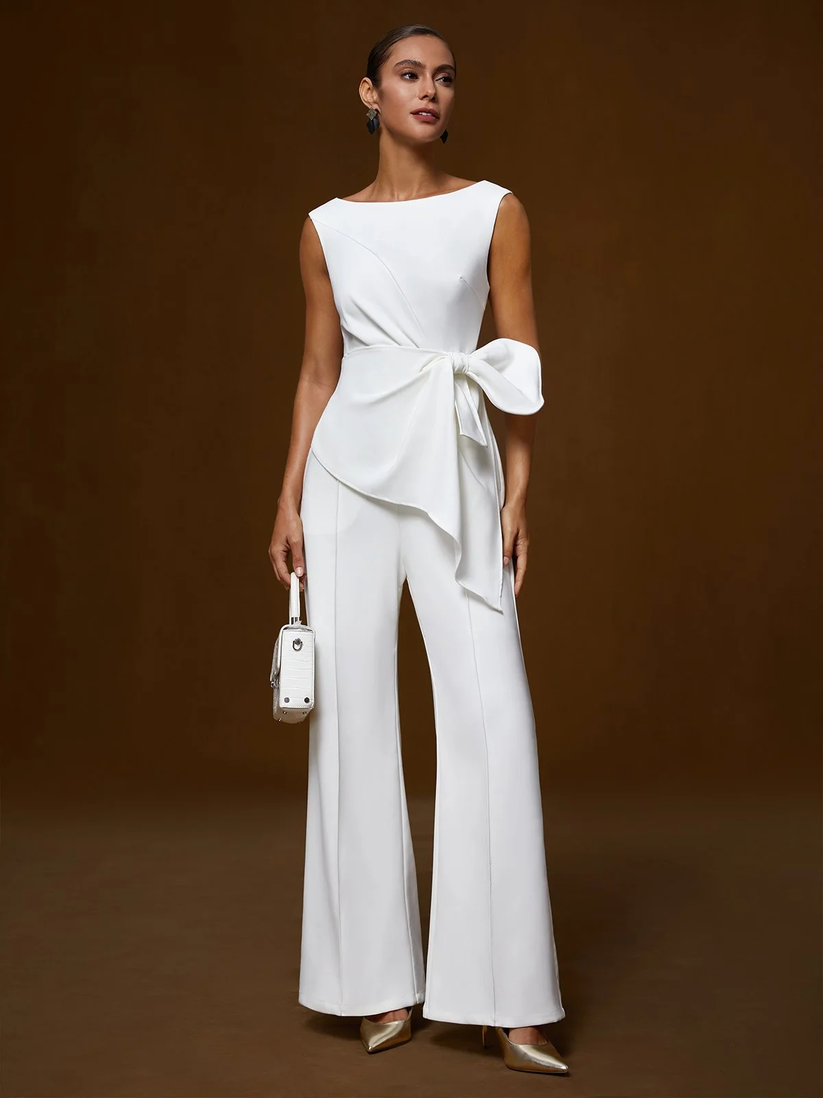 Women White Bow Sleeveless Jumpsuit