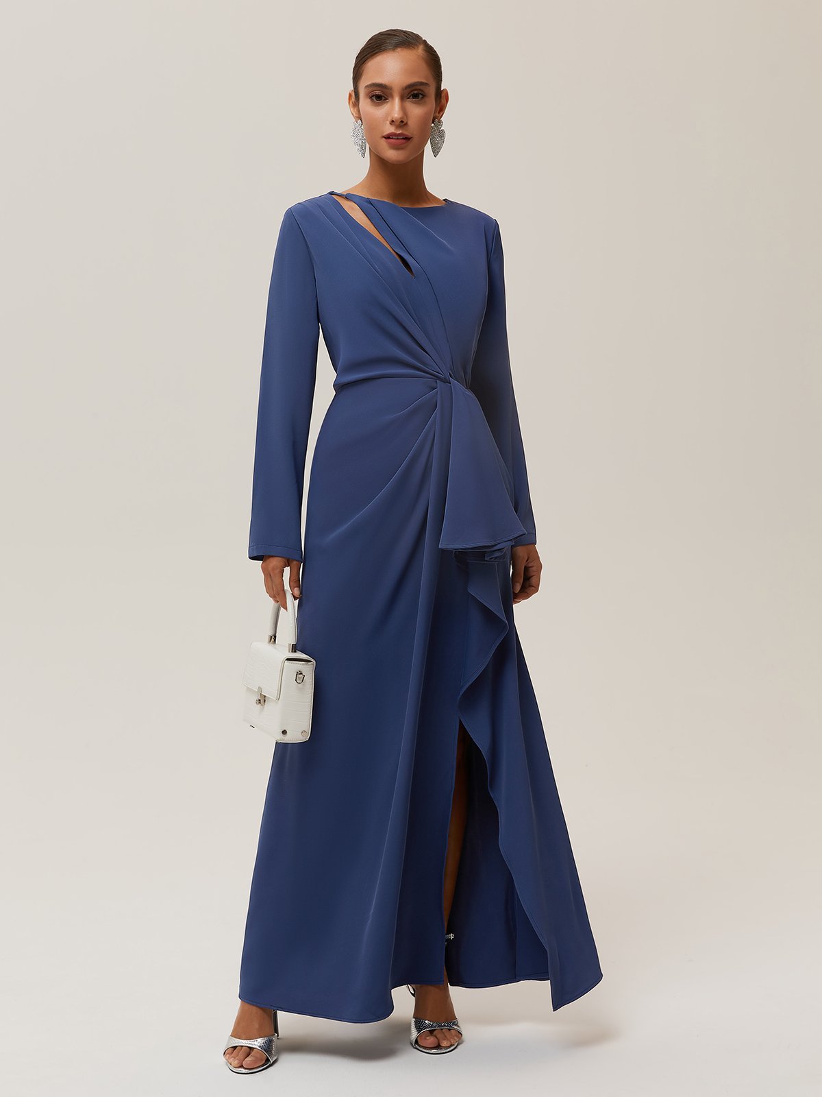 Navy Blue Cut Out Ruched Long Sleeve Slit ALine Maxi Dress fehaute