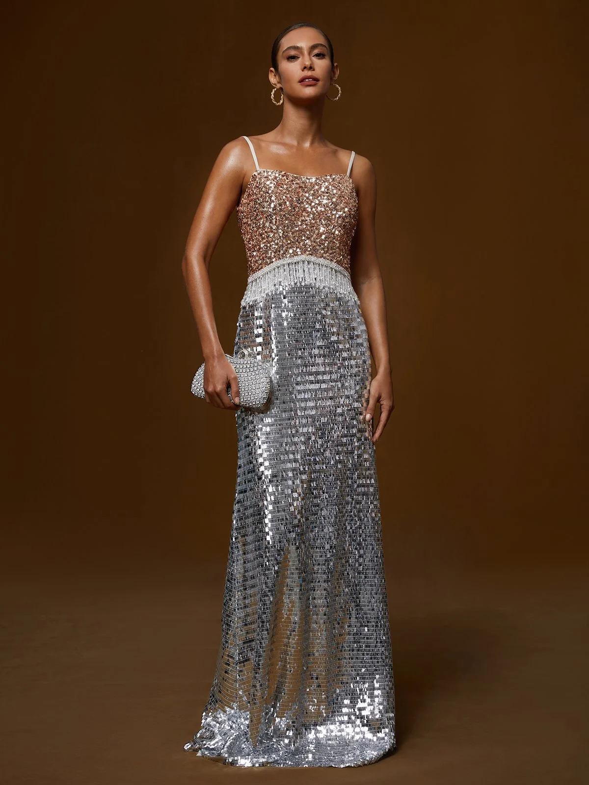 Silver Tassel Beaded Sequin Spaghetti Sleeveless A-Line Gown