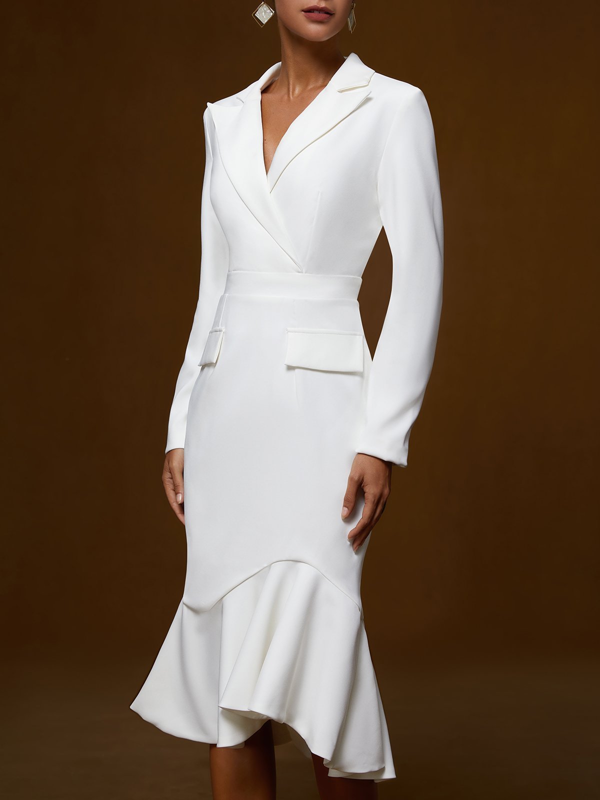 White Irregular Craftsmanship Ruffled Blazer Shawl Collar Long Sleeve Mermaid Midi Dress