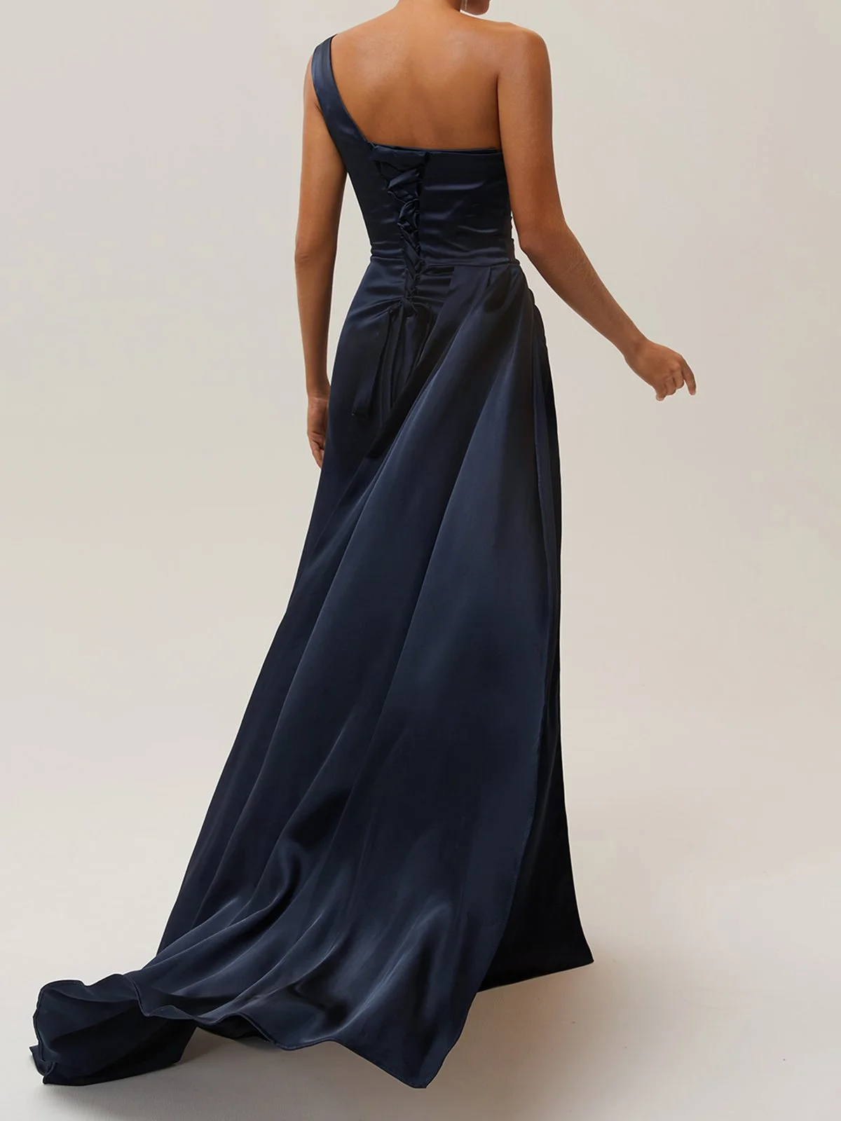 Purplish Blue Side-Slit One Shoulder Gown Satin Dress