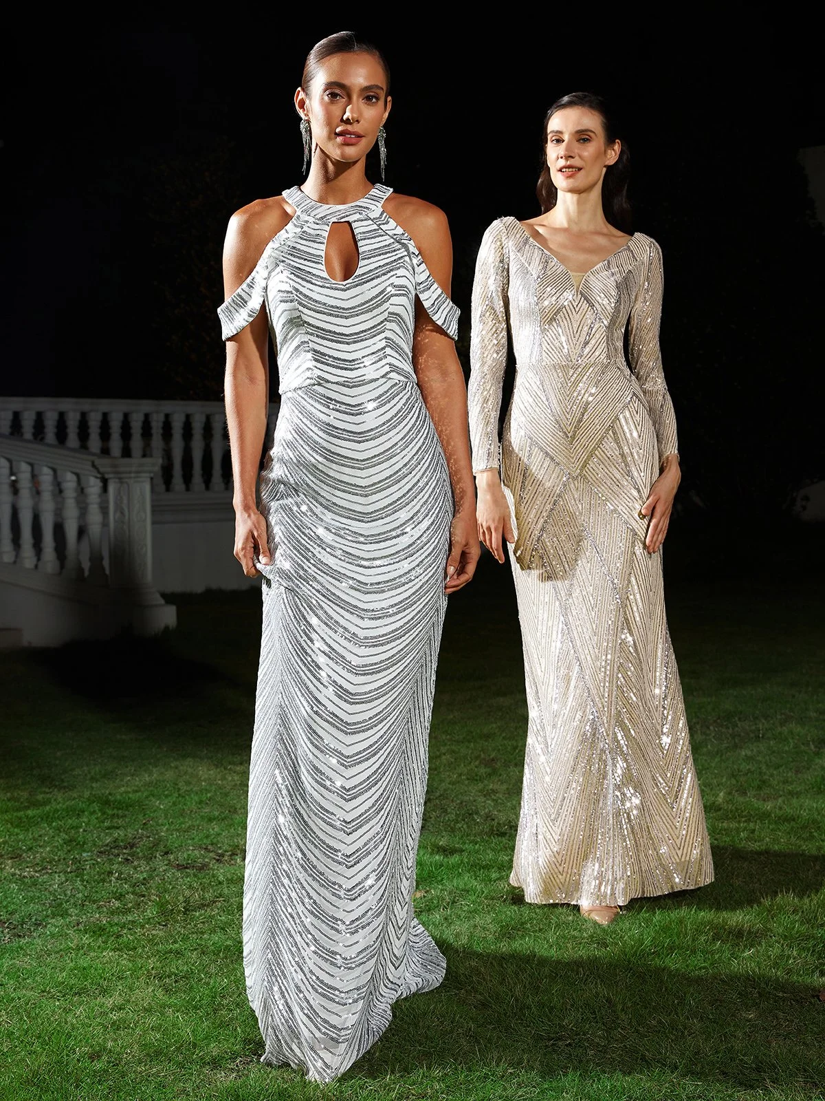 White-Silver Cut Out Gown Mermaid Sequin Dress