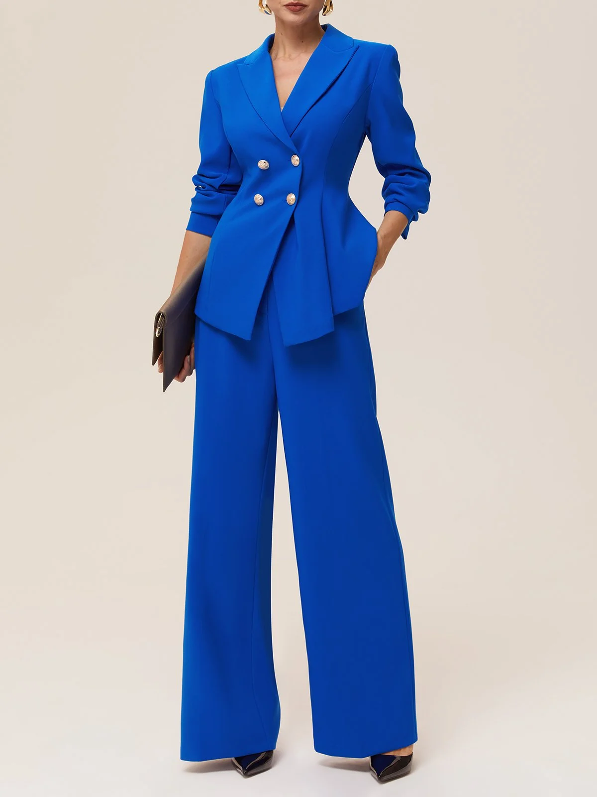 Women Blue Buckle Lapel Collar Long Sleeve Two-Piece Set