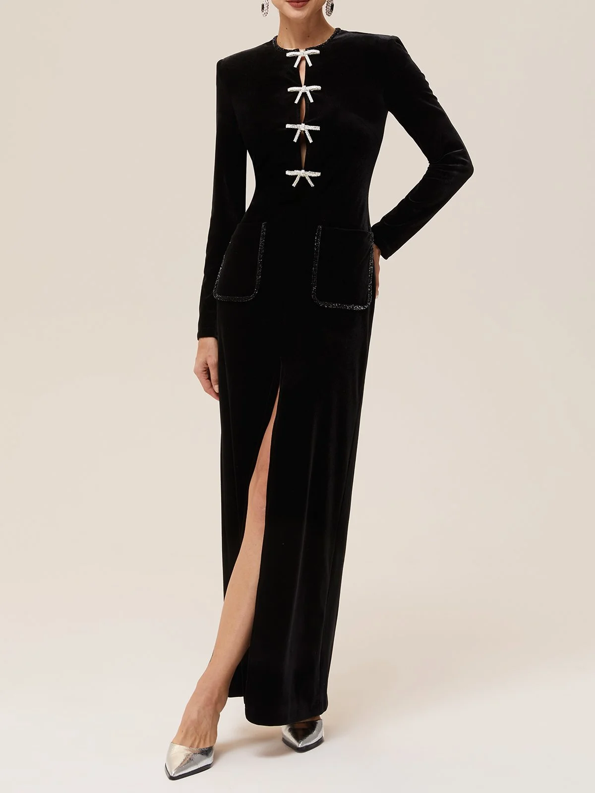 Black Bow Rhinestone Velvet Crew Neck Long Sleeve Sheath Maxi Dress