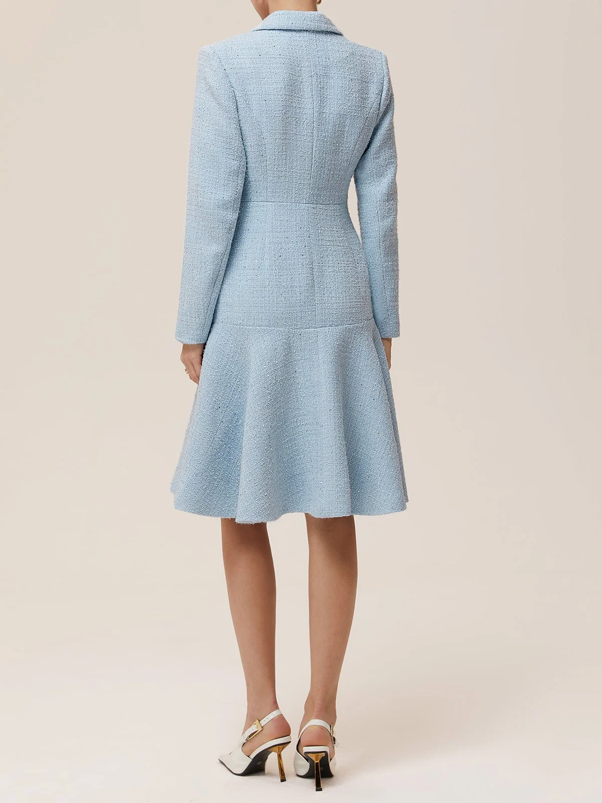 Light Blue Lapel Collar A-Line Midi Tweed Blazer  Dress