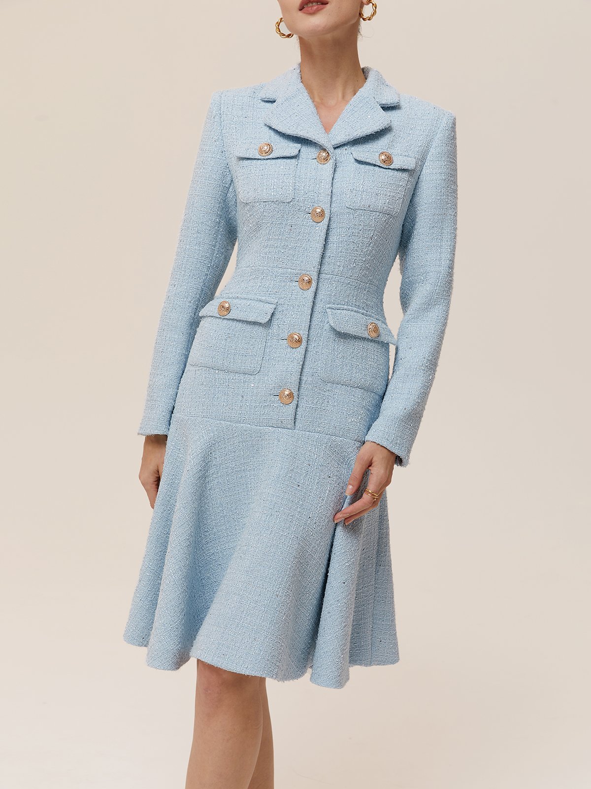 Light Blue Lapel Collar A-Line Midi Tweed Blazer  Dress