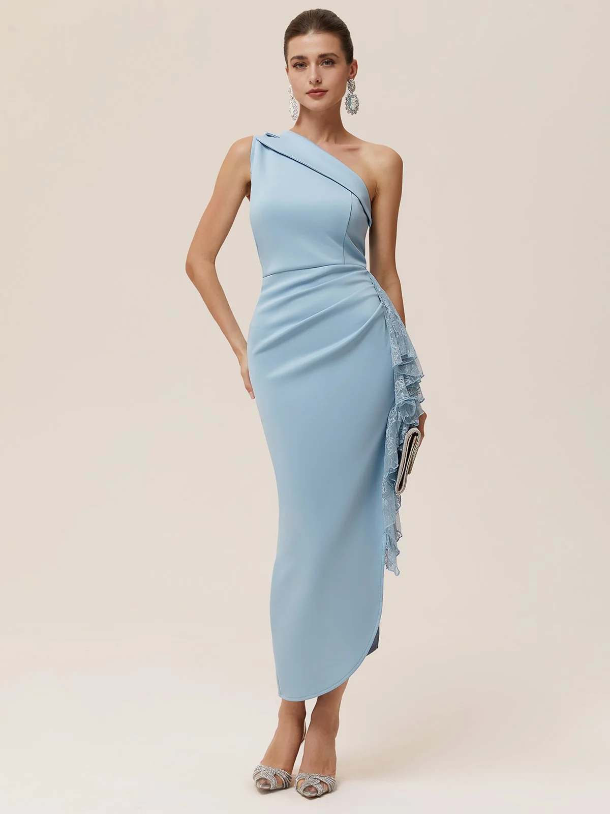 Light Blue Lace Ruched Classic One Shoulder Sleeveless Sheath Midi Dress