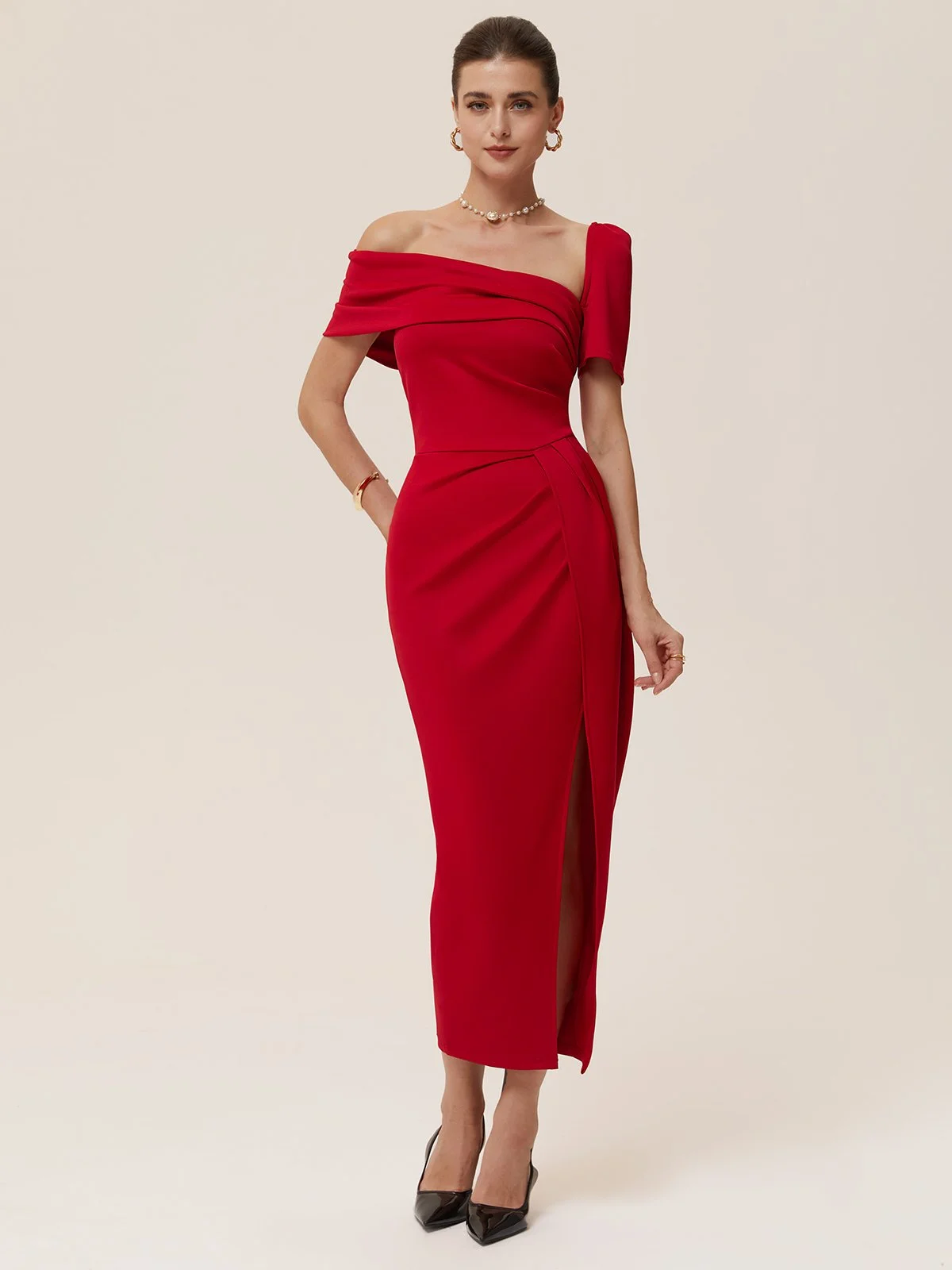 Red Slit Ruched Classic Asymmetrical Short Sleeve Sheath Midi Dress