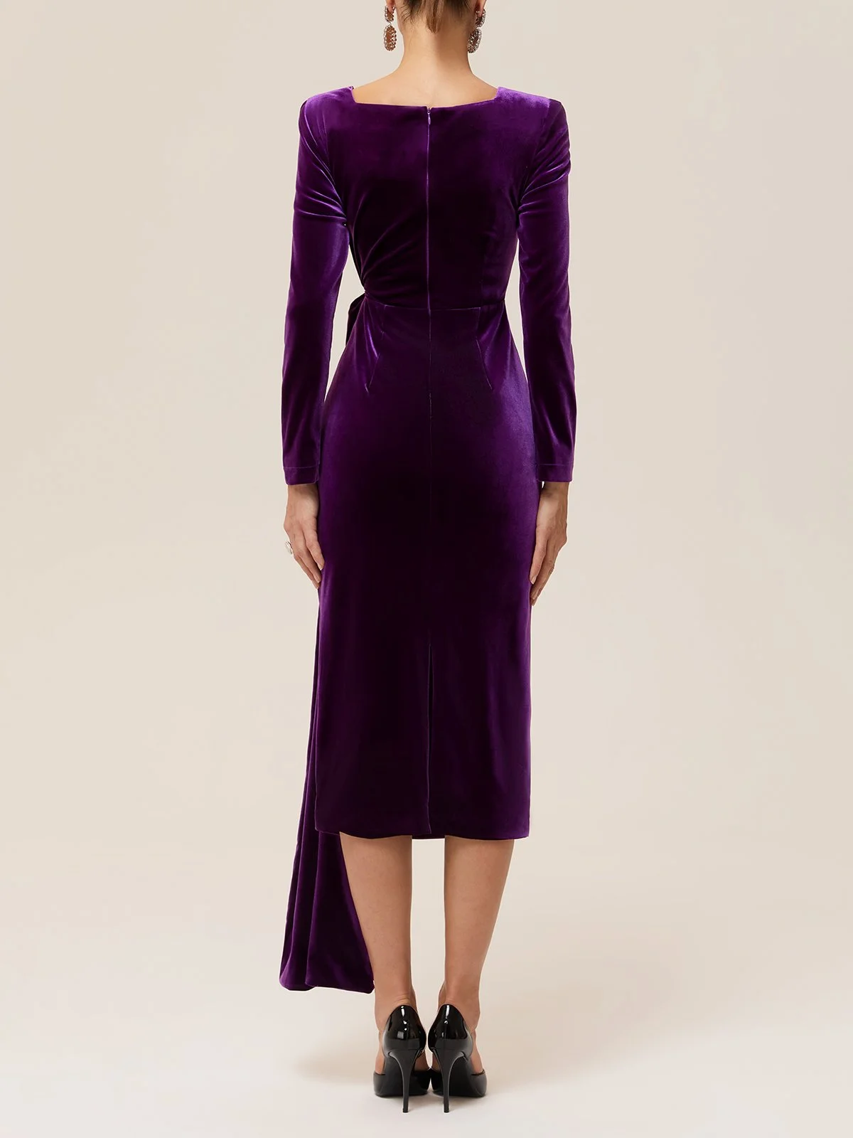 Purple Rhinestone Velvet Square Neck Long Sleeve Sheath Midi Dress