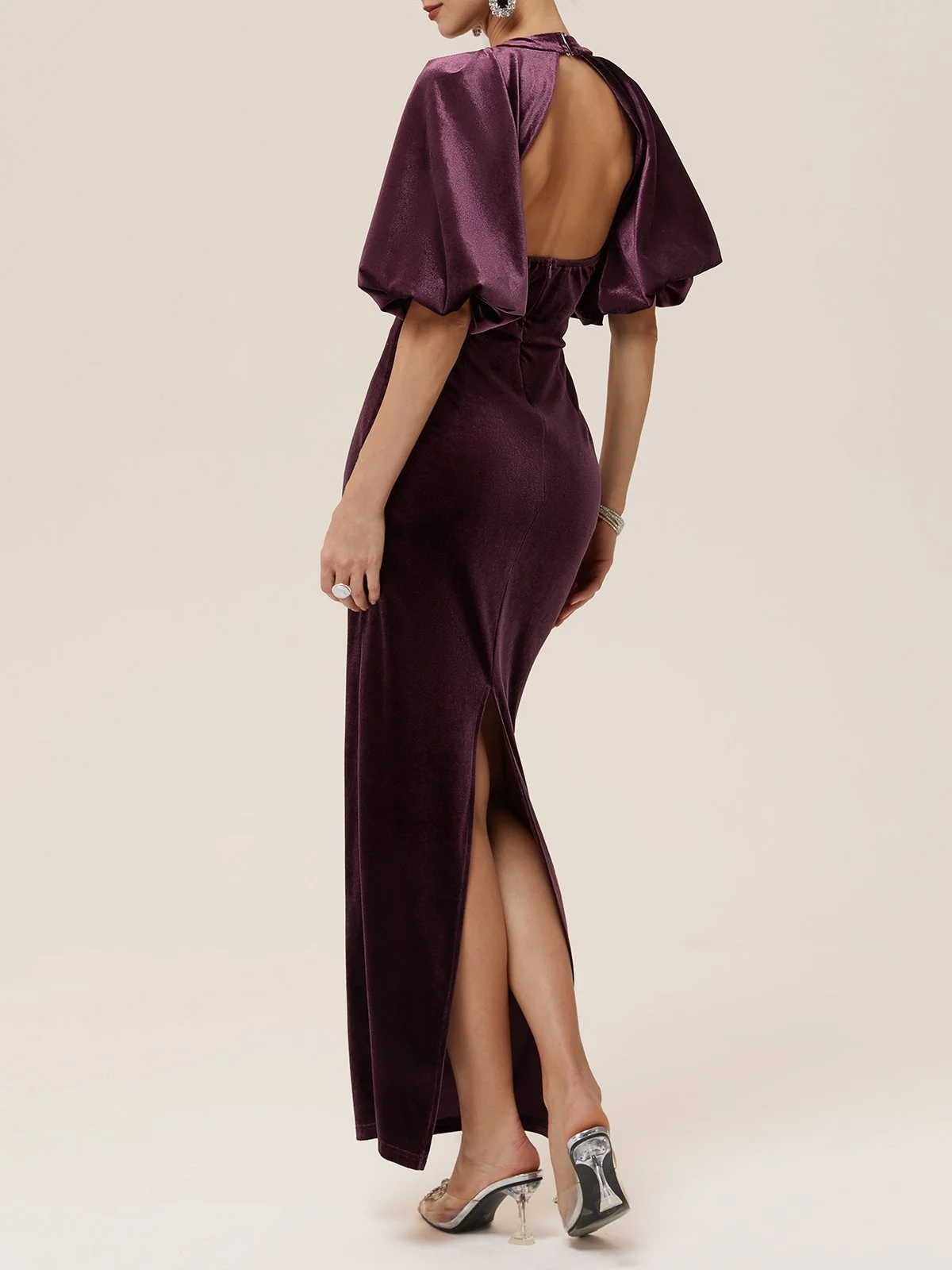 Wine Red Balloon Sleeve Sheath Maxi Velvet Dress