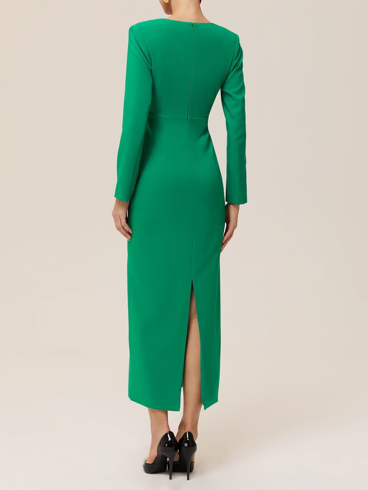 Green Deep V Neck Long Sleeve Sheath Maxi Dress