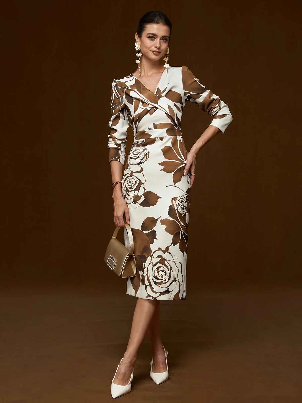 Brown Floral V Neck Long Sleeve Sheath Midi Dress