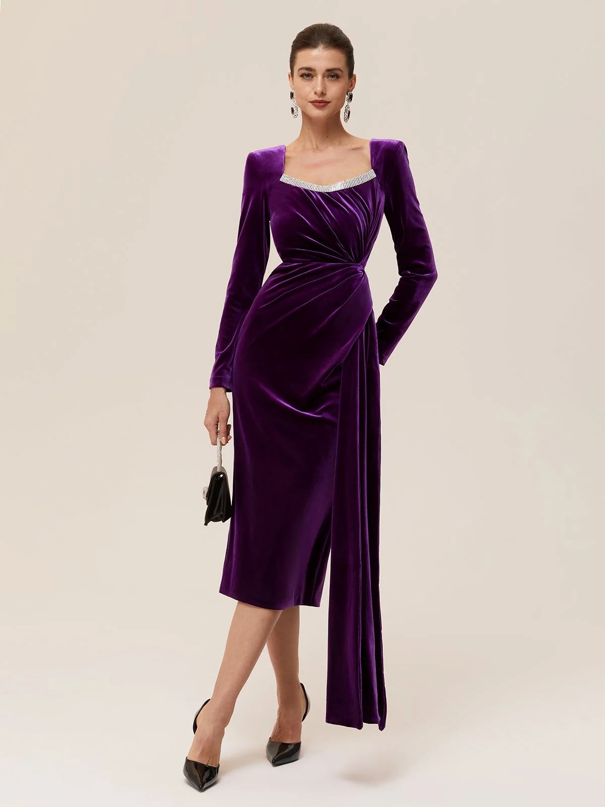 Purple Rhinestone Velvet Square Neck Long Sleeve Sheath Midi Dress