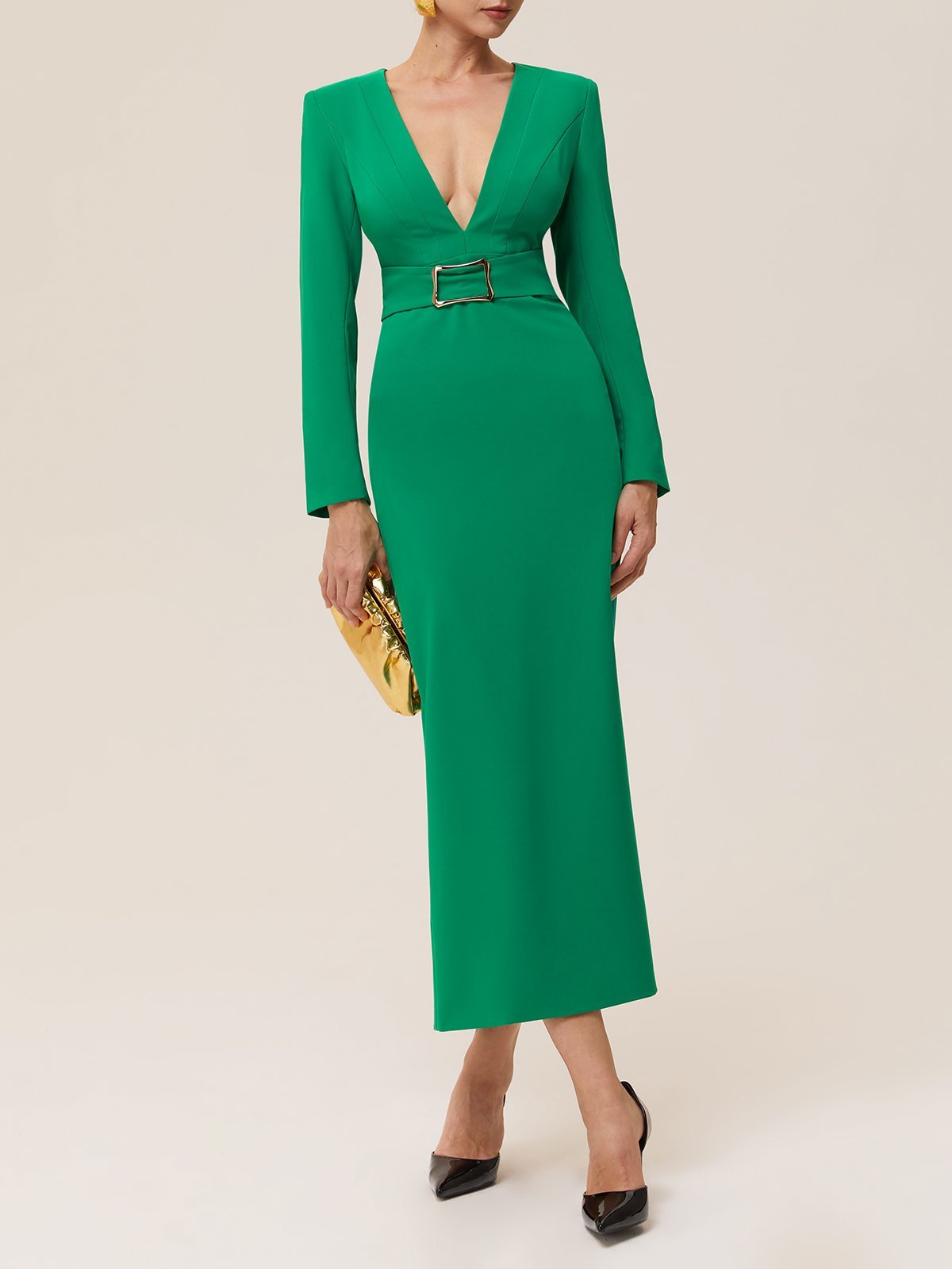 Green Deep V Neck Long Sleeve Sheath Maxi Dress