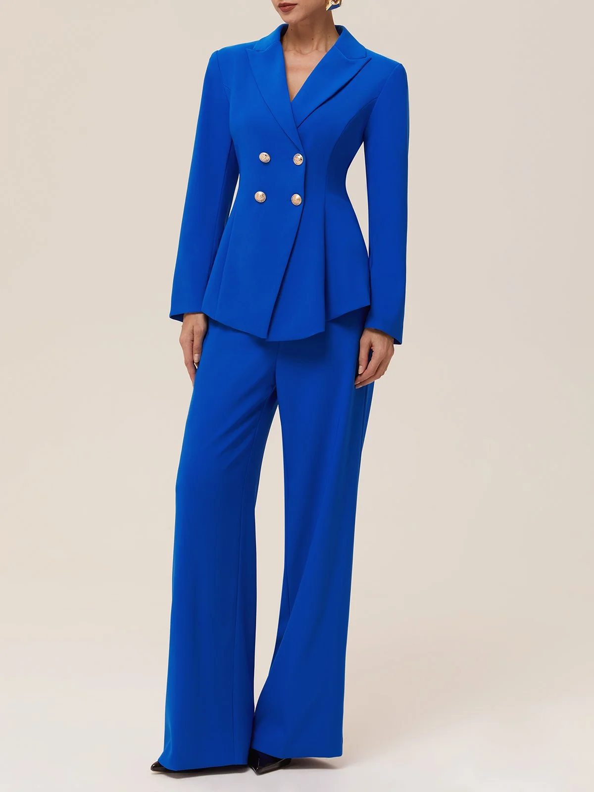 Women Blue Buckle Lapel Collar Long Sleeve Two-Piece Set