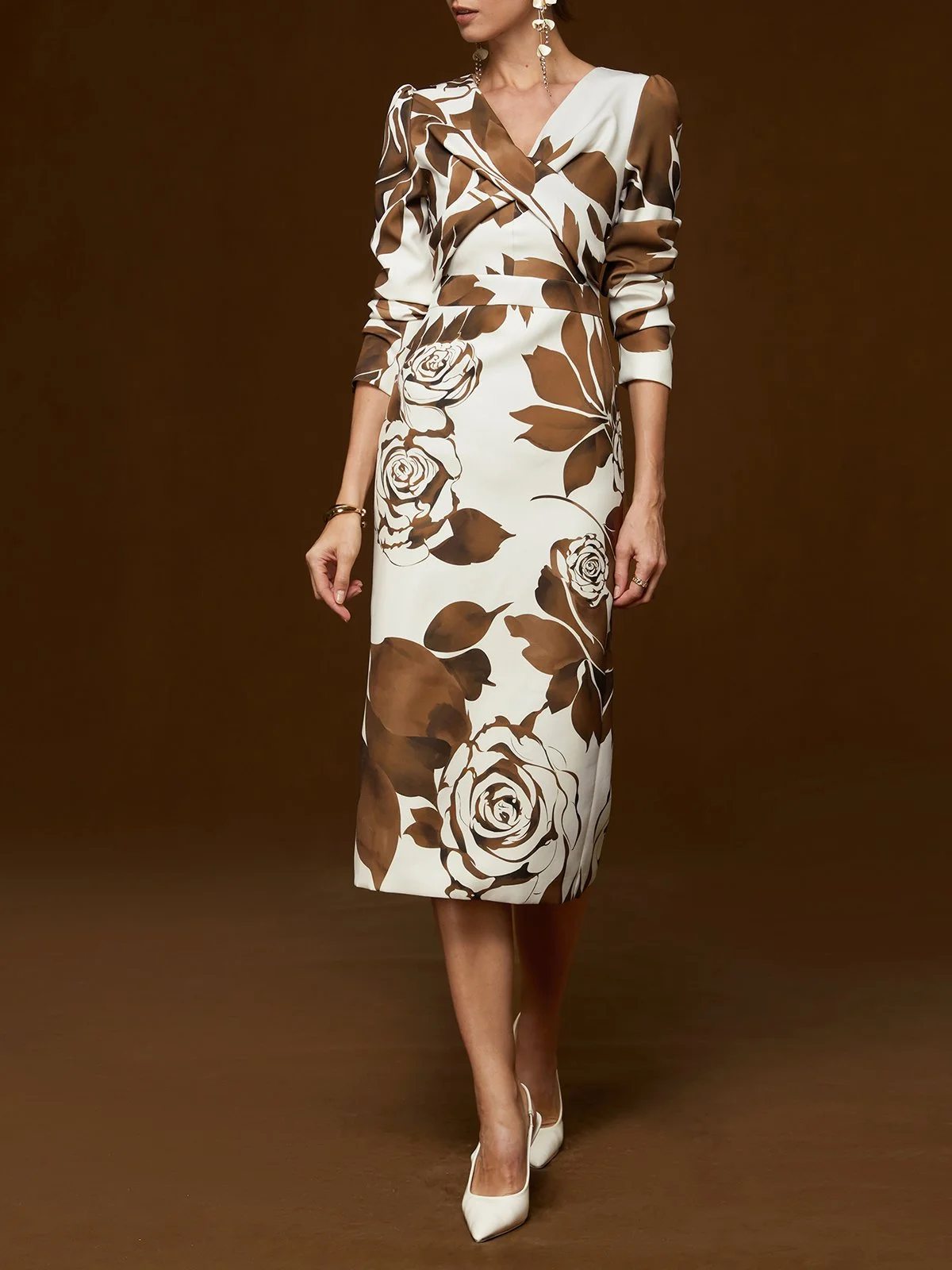 Brown Floral V Neck Long Sleeve Sheath Midi Dress