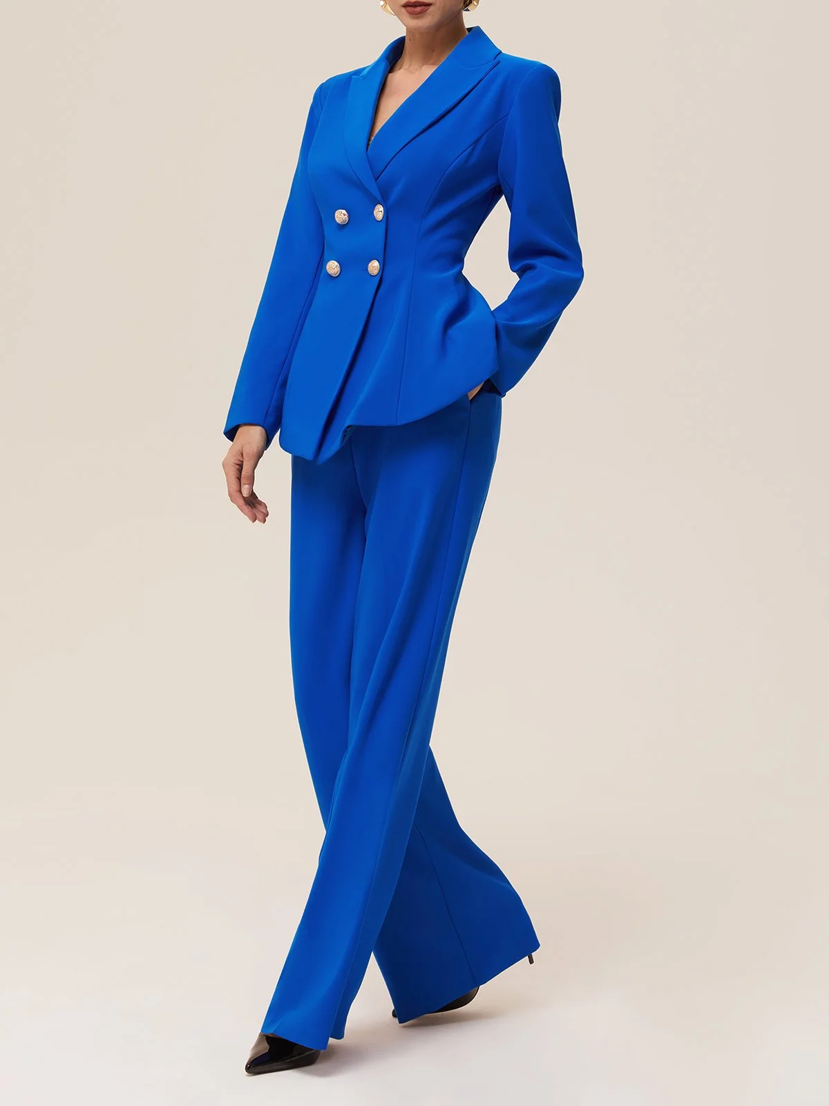 Women Blue Buckle Lapel Collar Long Sleeve Two-Piece Set