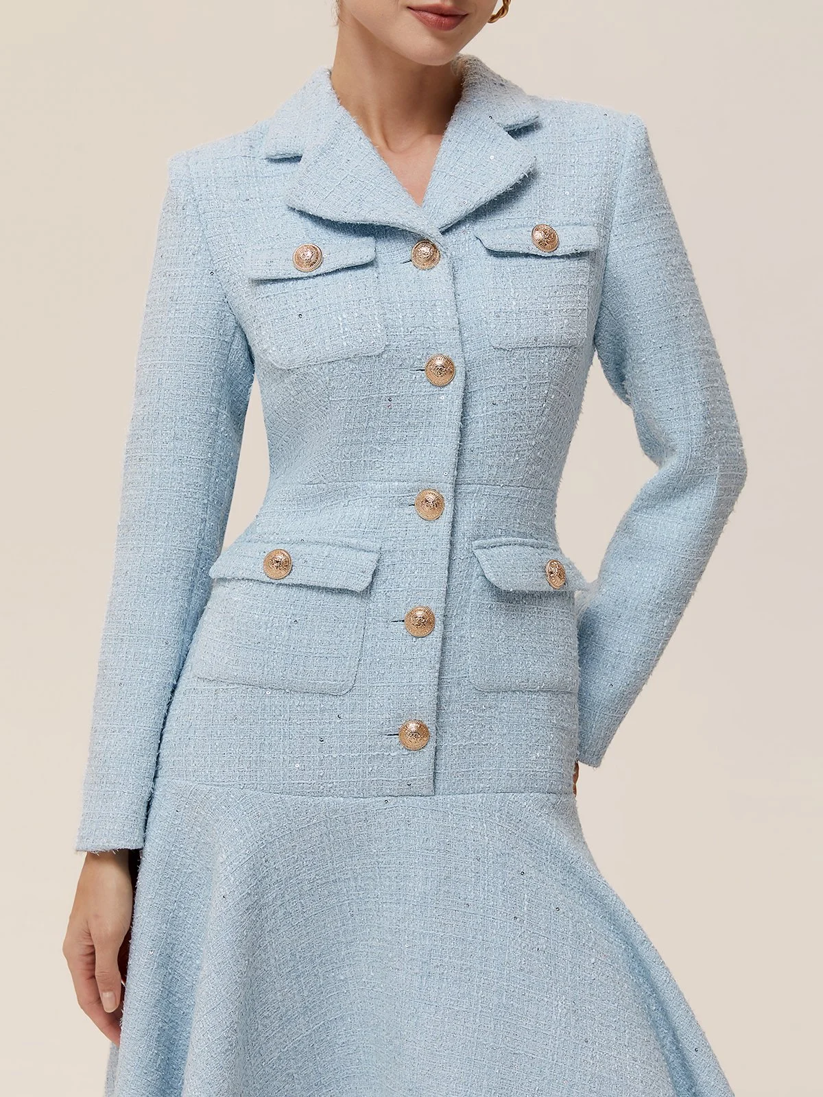 Light Blue Lapel Collar A-Line Midi Tweed Blazer  Dress