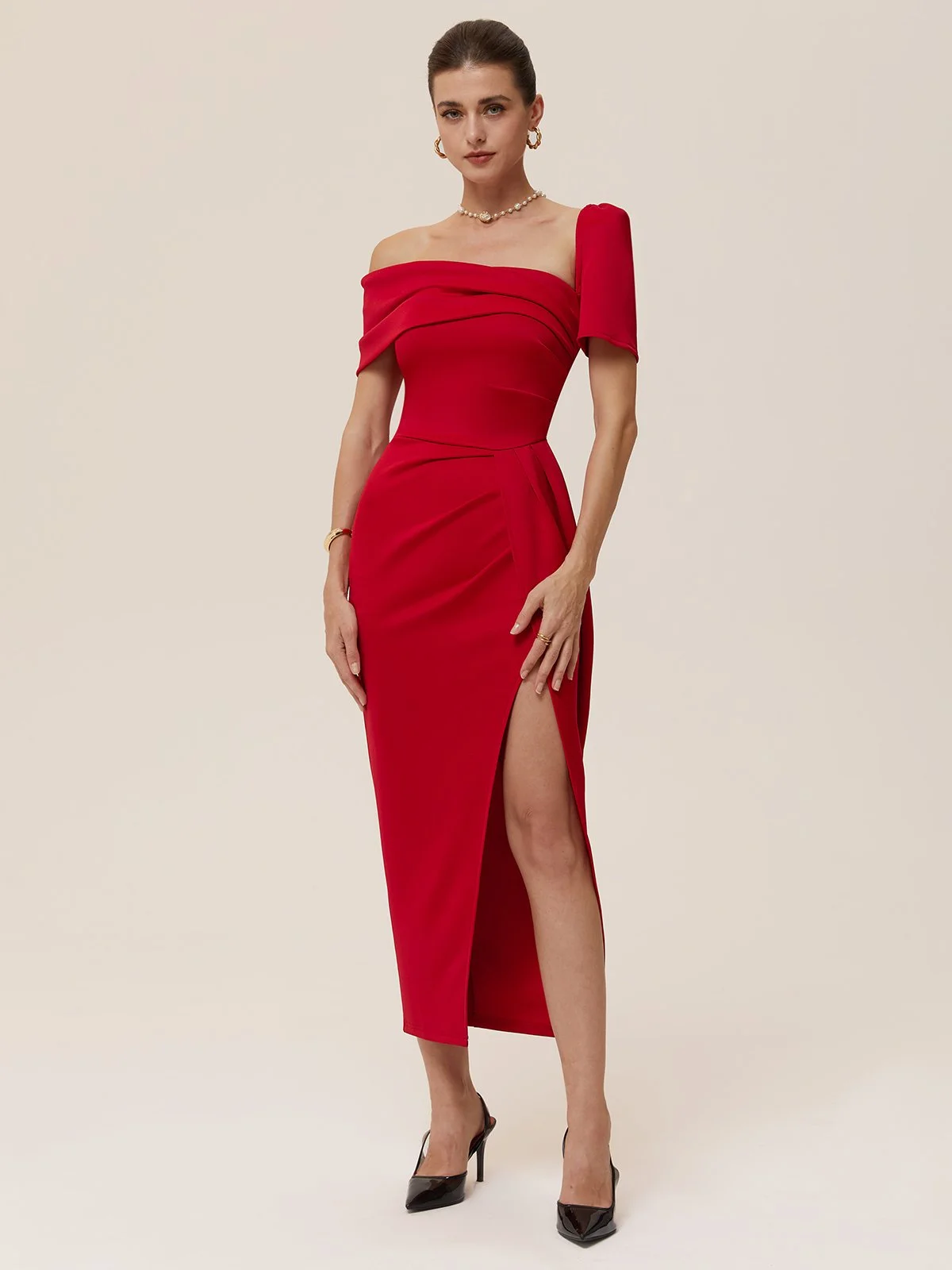 Red Slit Ruched Classic Asymmetrical Short Sleeve Sheath Midi Dress