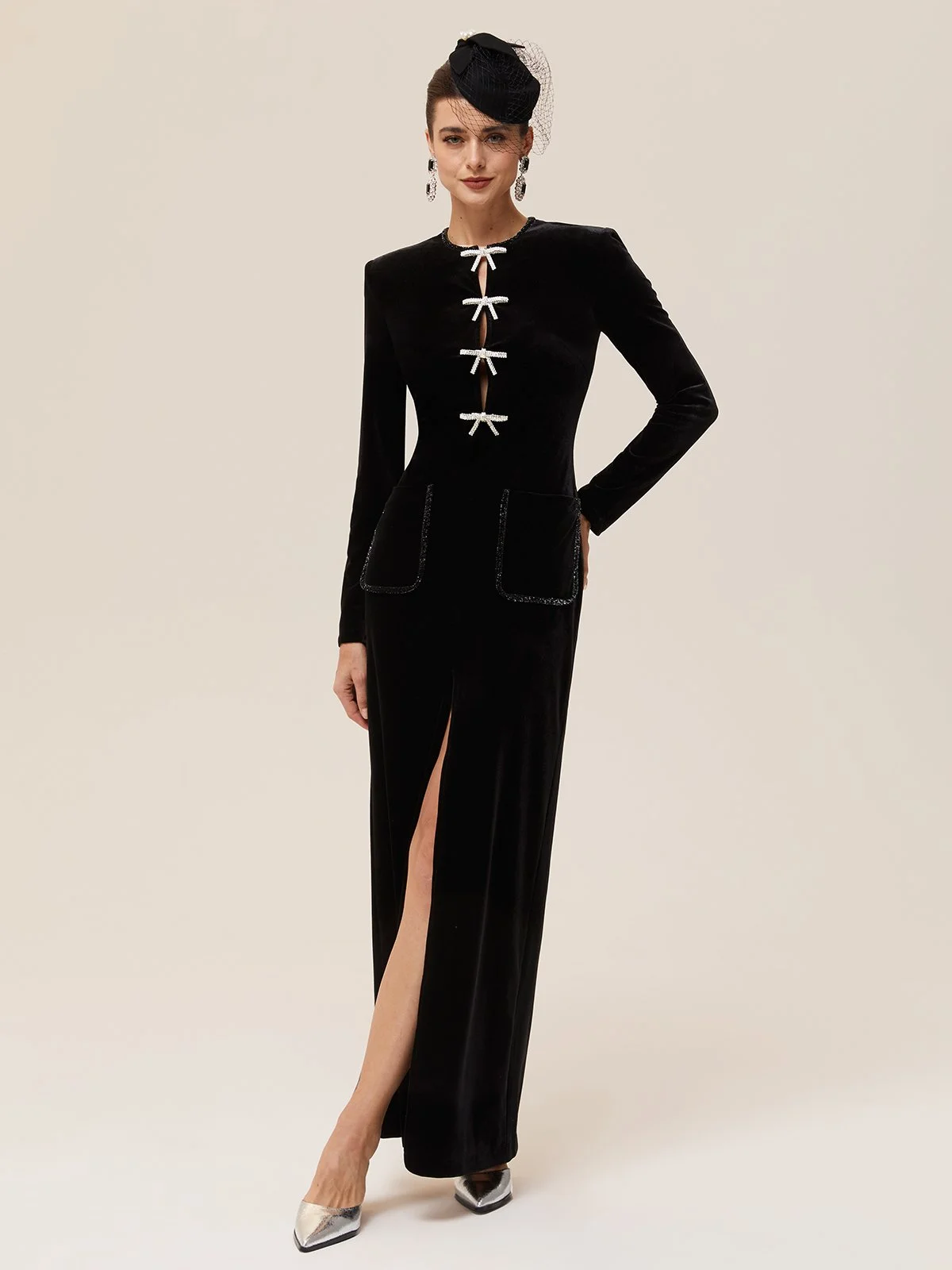 Black Bow Rhinestone Velvet Crew Neck Long Sleeve Sheath Maxi Dress