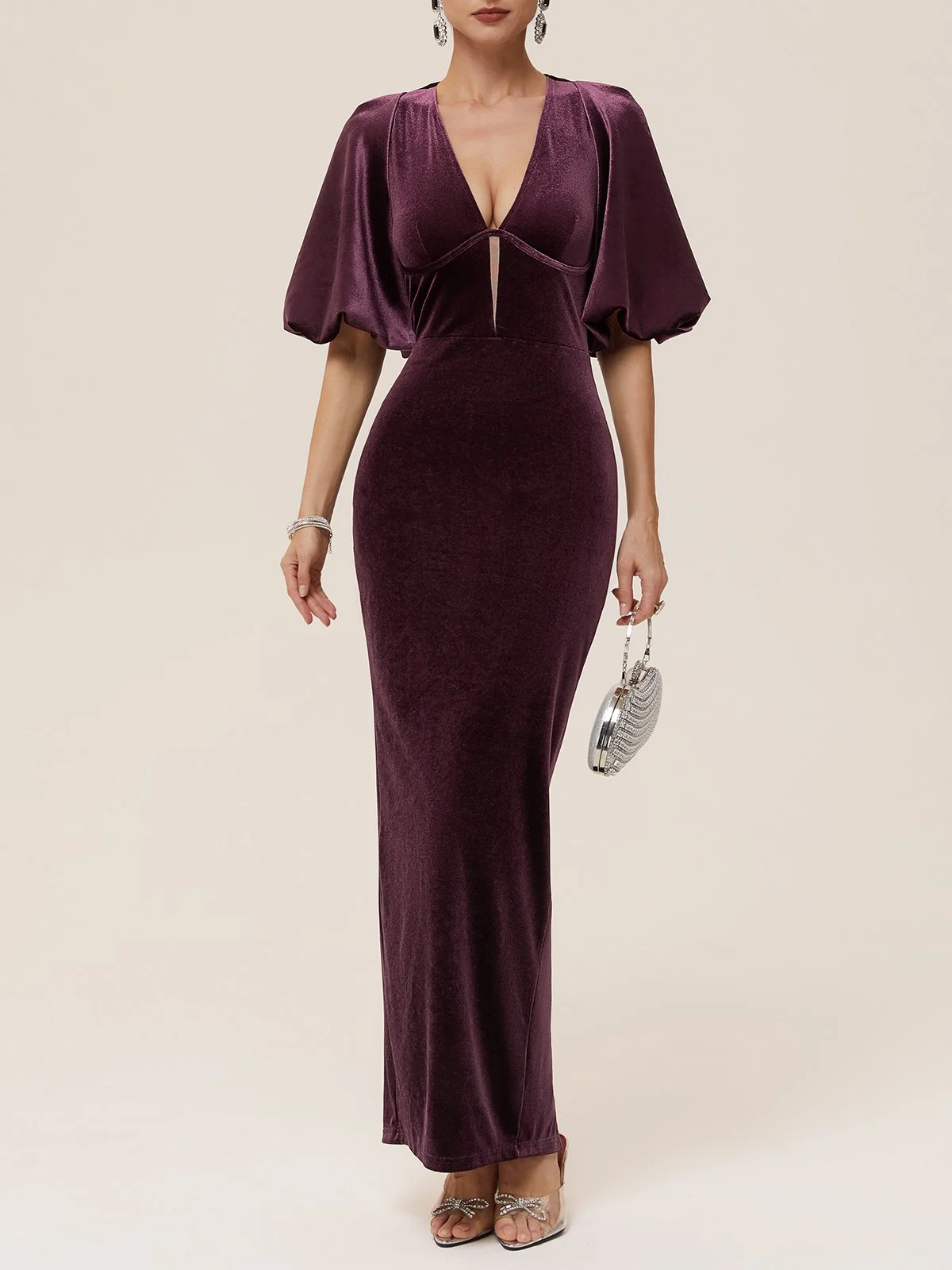 Wine Red Balloon Sleeve Sheath Maxi Velvet Dress