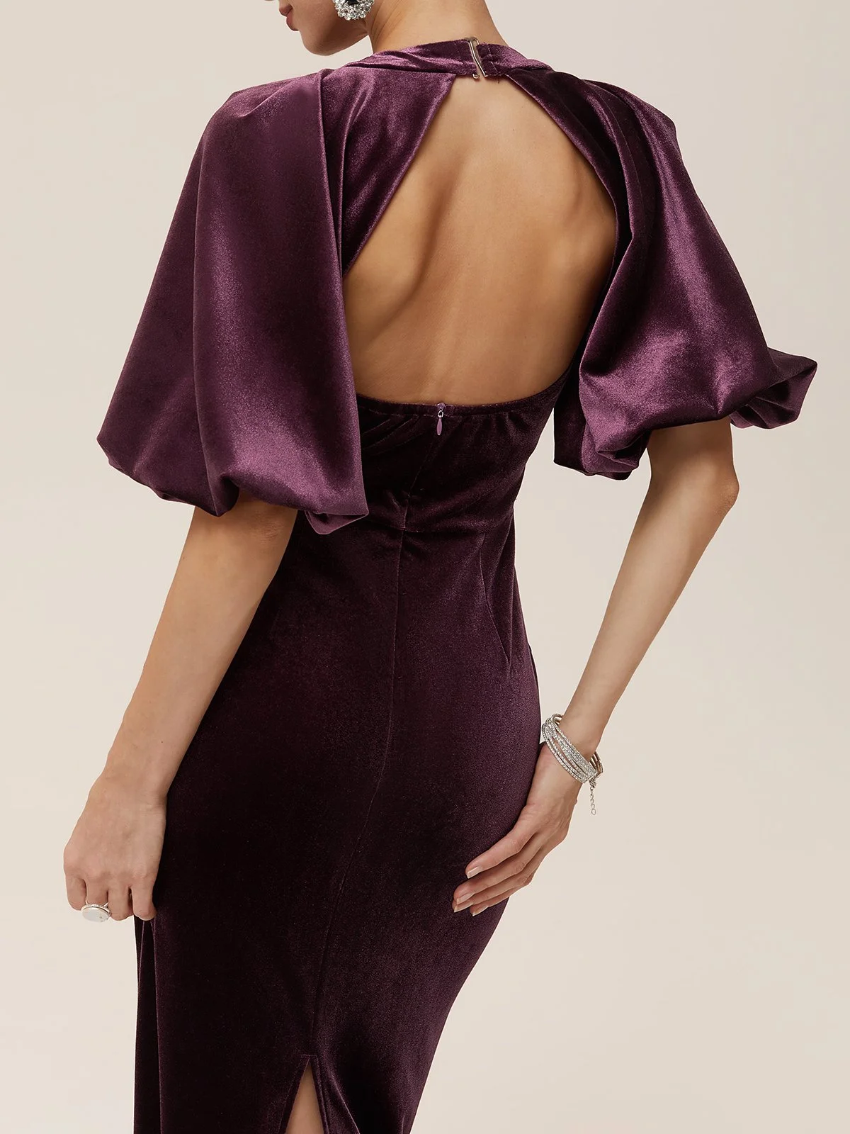 Wine Red Balloon Sleeve Sheath Maxi Velvet Dress