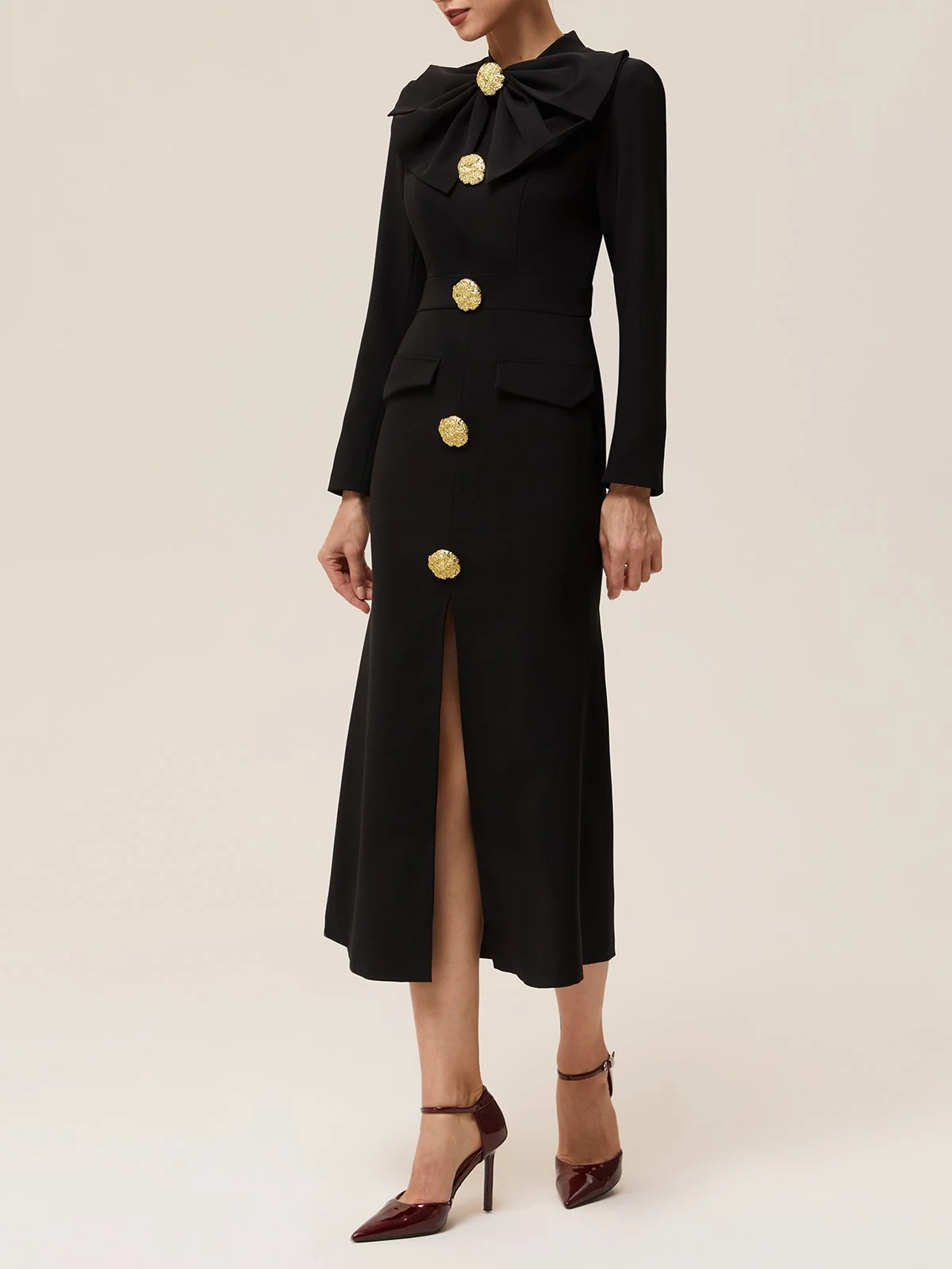 Black Buckle Bow Long Sleeve Sheath Midi Dress