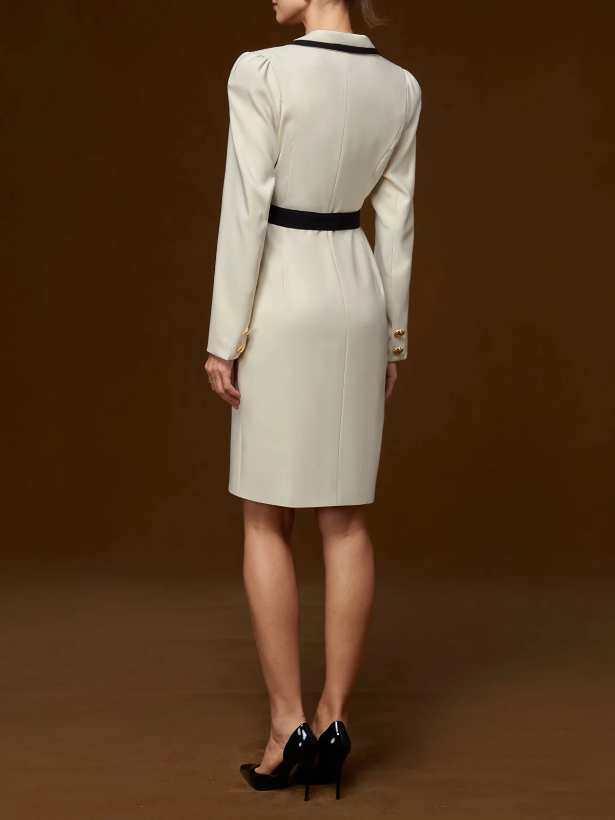 Off White Piping Lapel Collar Long Sleeve Sheath Midi Blazer Dress