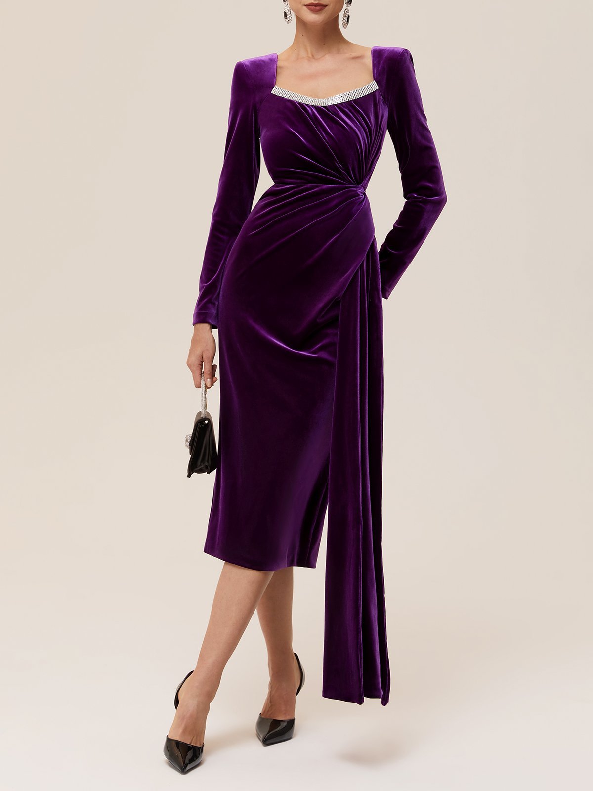 Purple Rhinestone Velvet Square Neck Long Sleeve Sheath Midi Dress