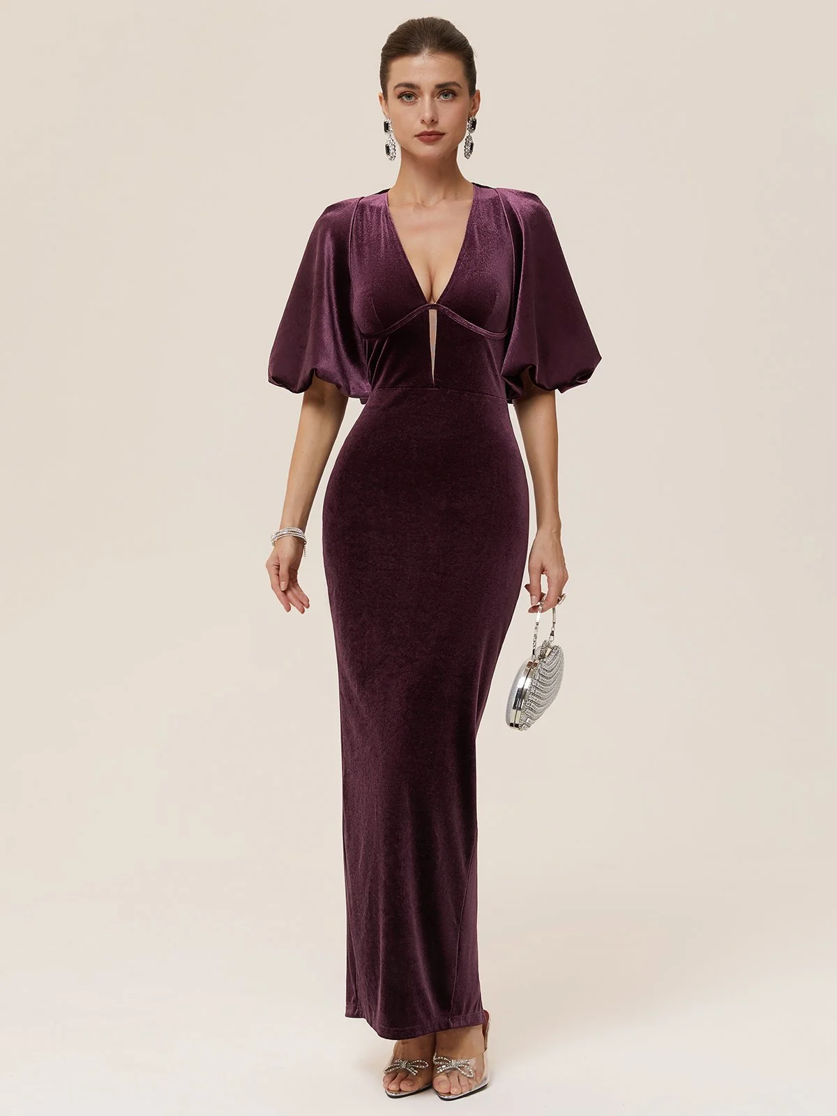 Wine Red Balloon Sleeve Sheath Maxi Velvet Dress