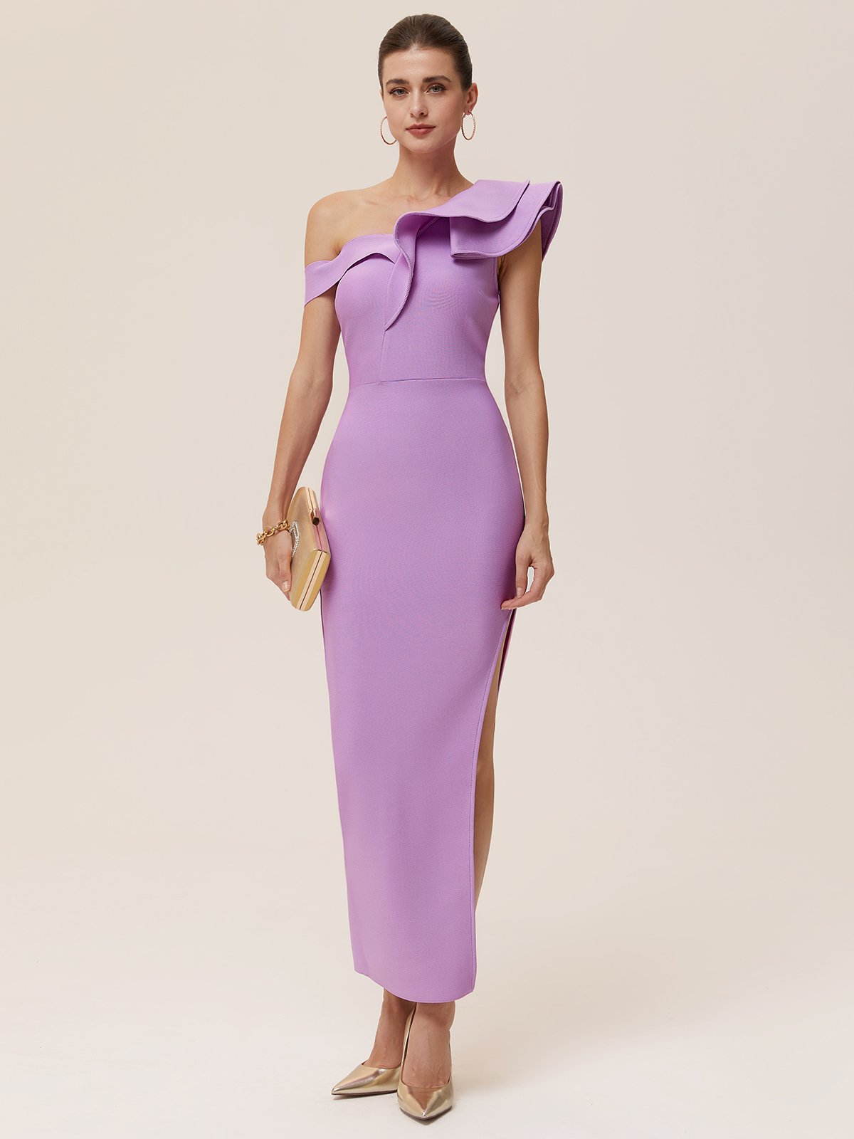 Purple Side-Slit Ruffled Bandage Sheath Maxi Dress