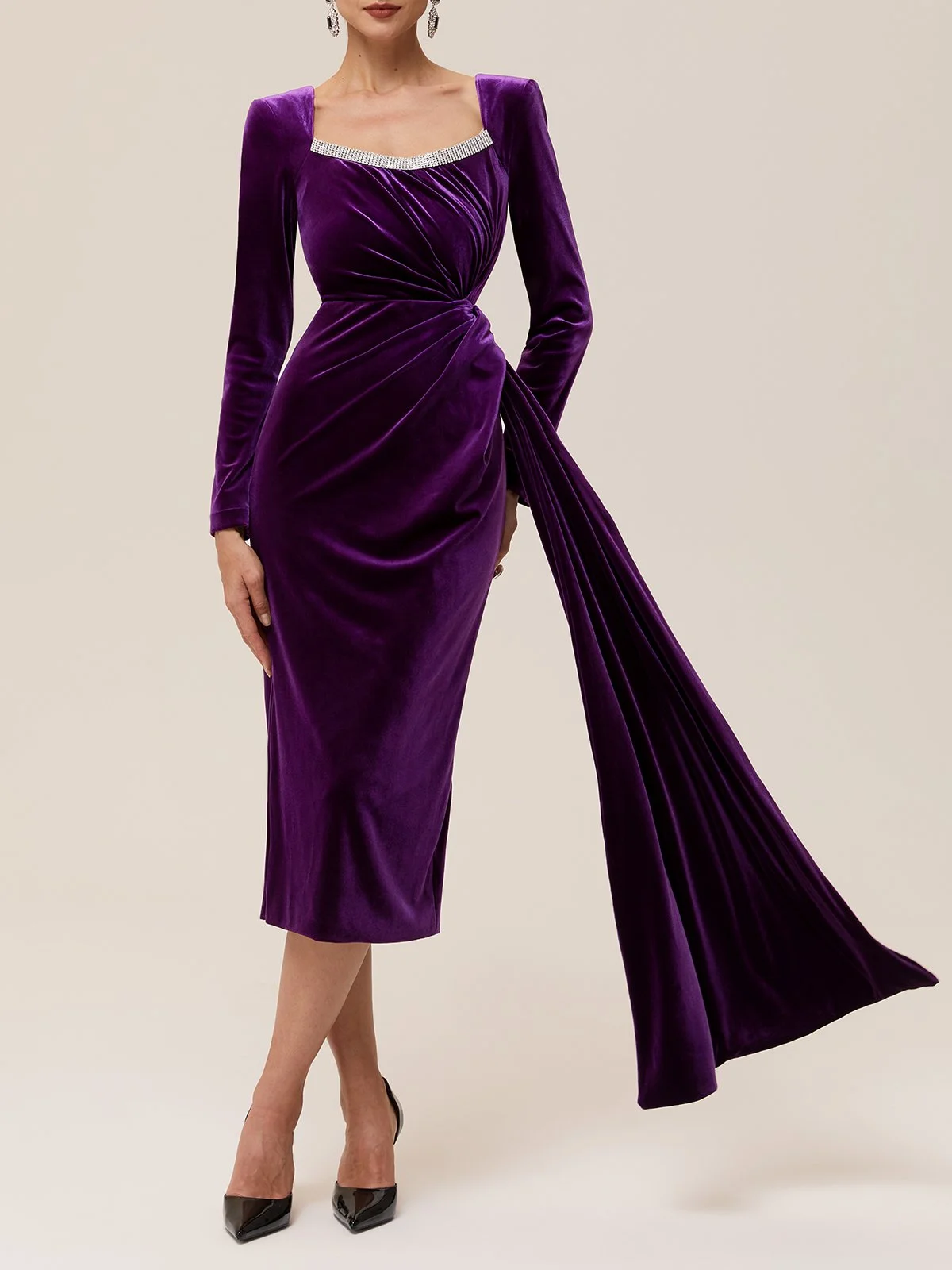 Purple Rhinestone Velvet Square Neck Long Sleeve Sheath Midi Dress