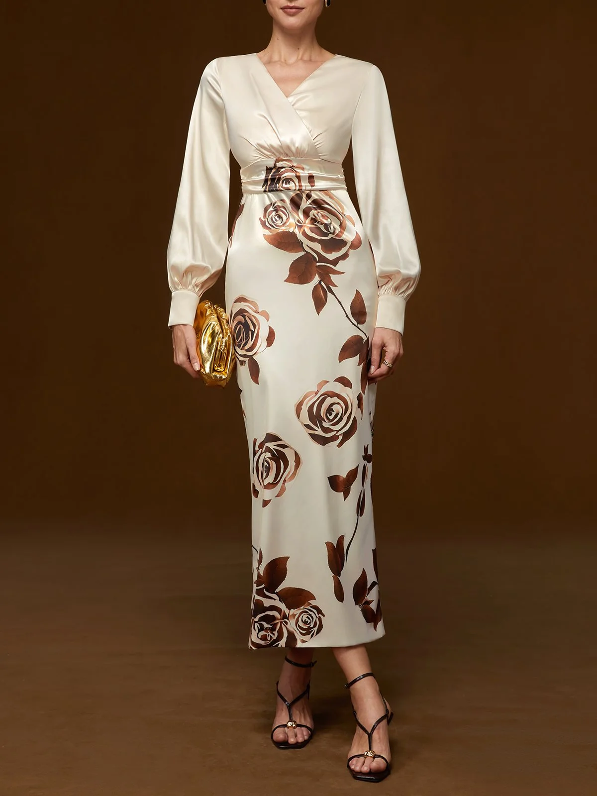 Apricot Floral Balloon Sleeve Sheath Maxi Dress