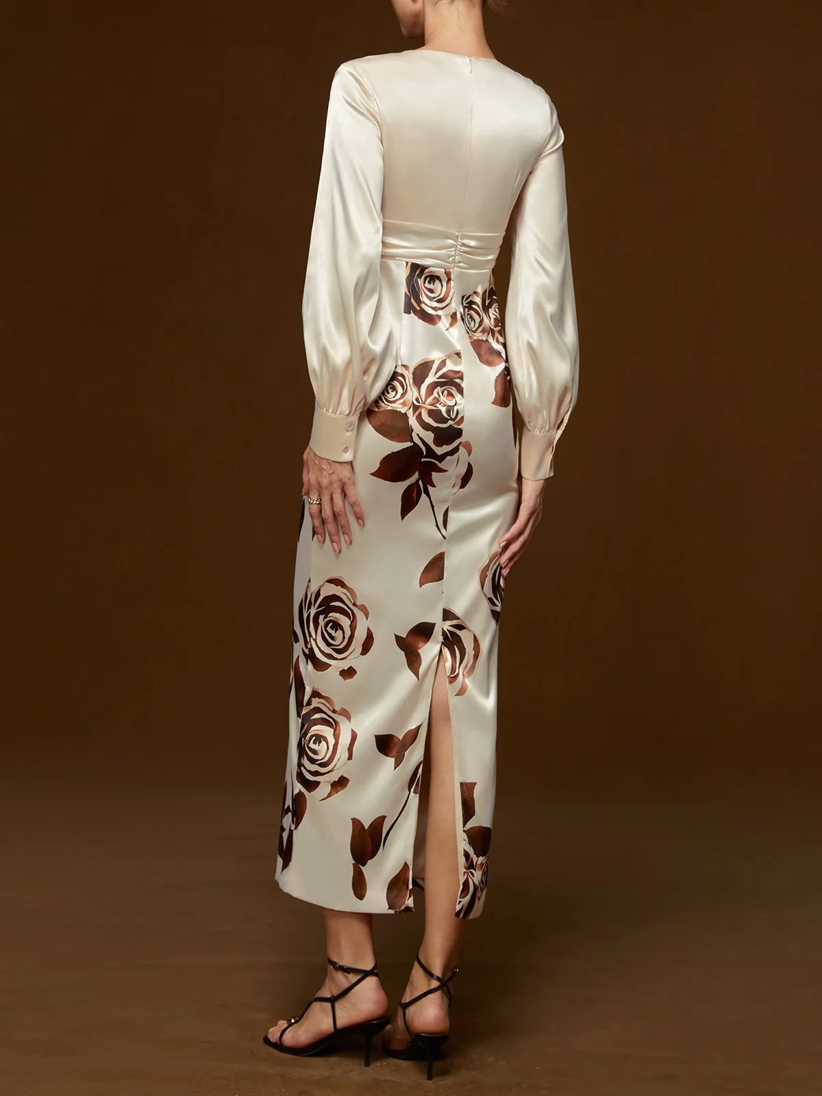 Apricot Floral Balloon Sleeve Sheath Maxi Dress