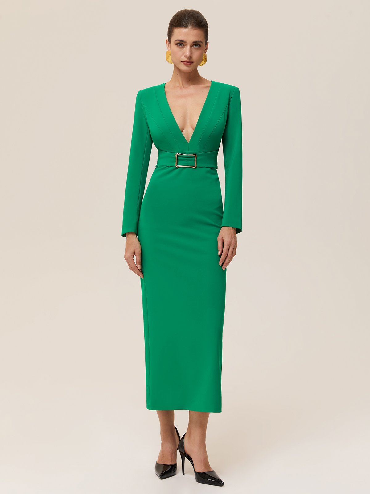 Green Deep V Neck Long Sleeve Sheath Maxi Dress