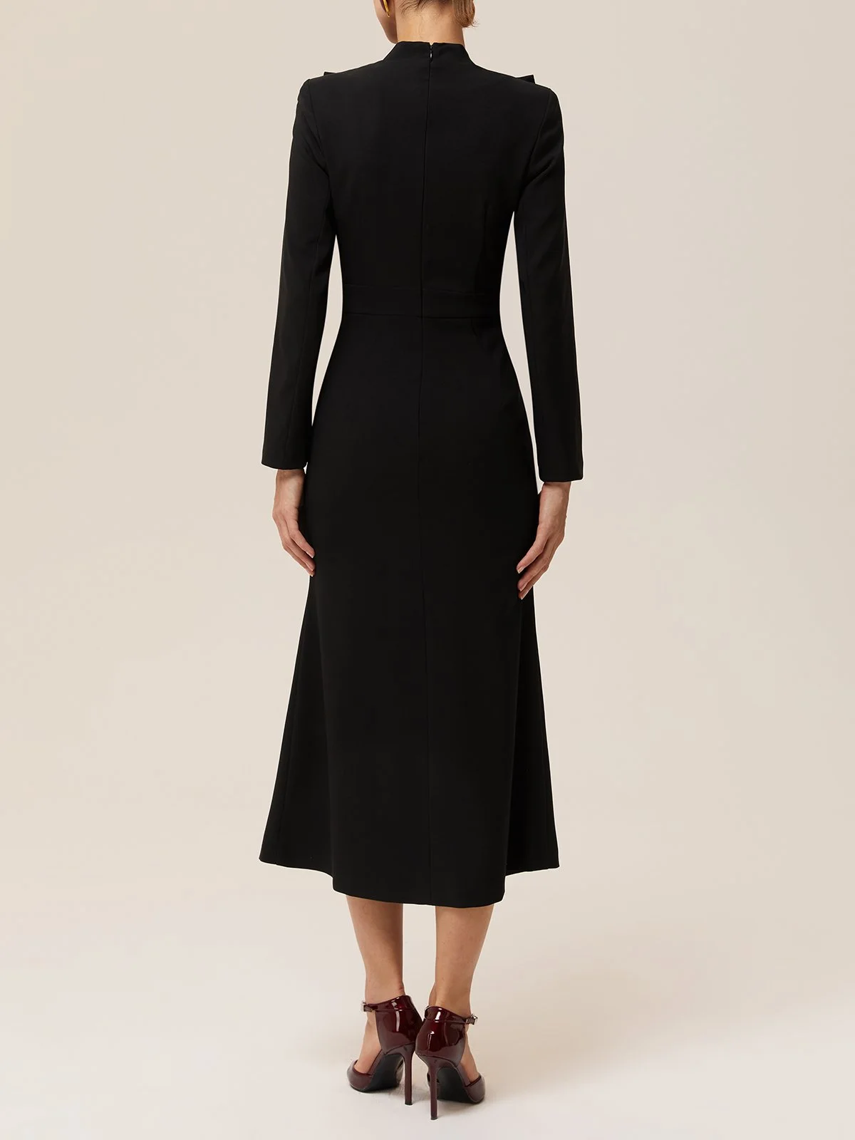 Black Buckle Bow Long Sleeve Sheath Midi Dress