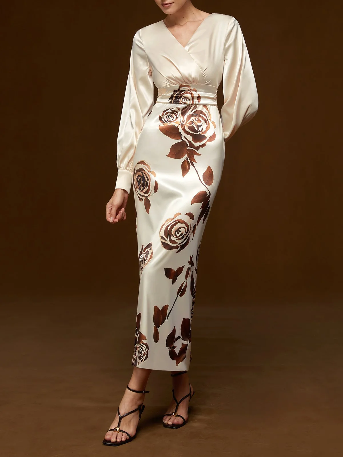 Apricot Floral Balloon Sleeve Sheath Maxi Dress