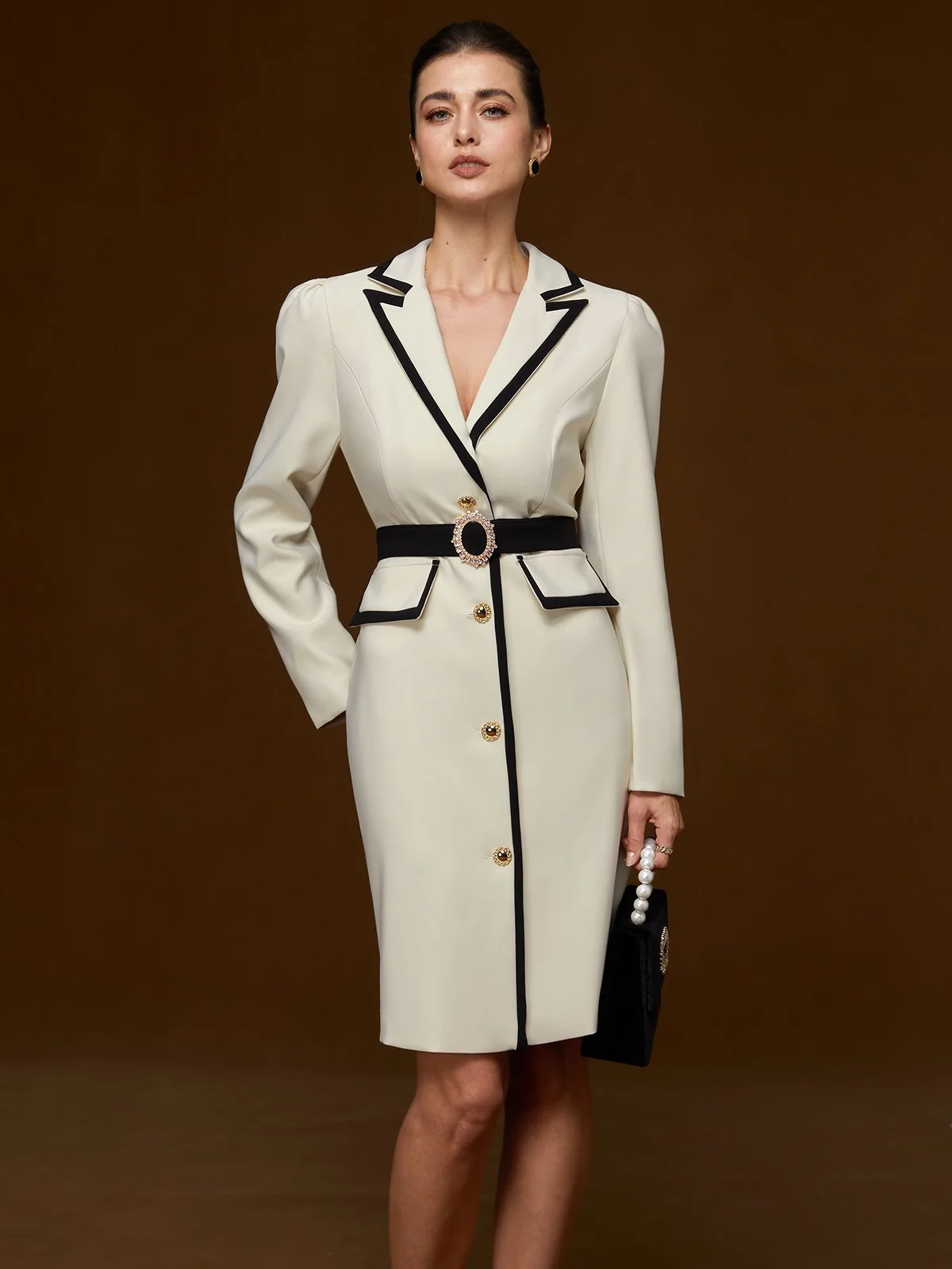 Off White Piping Lapel Collar Sheath Midi Blazer Dress