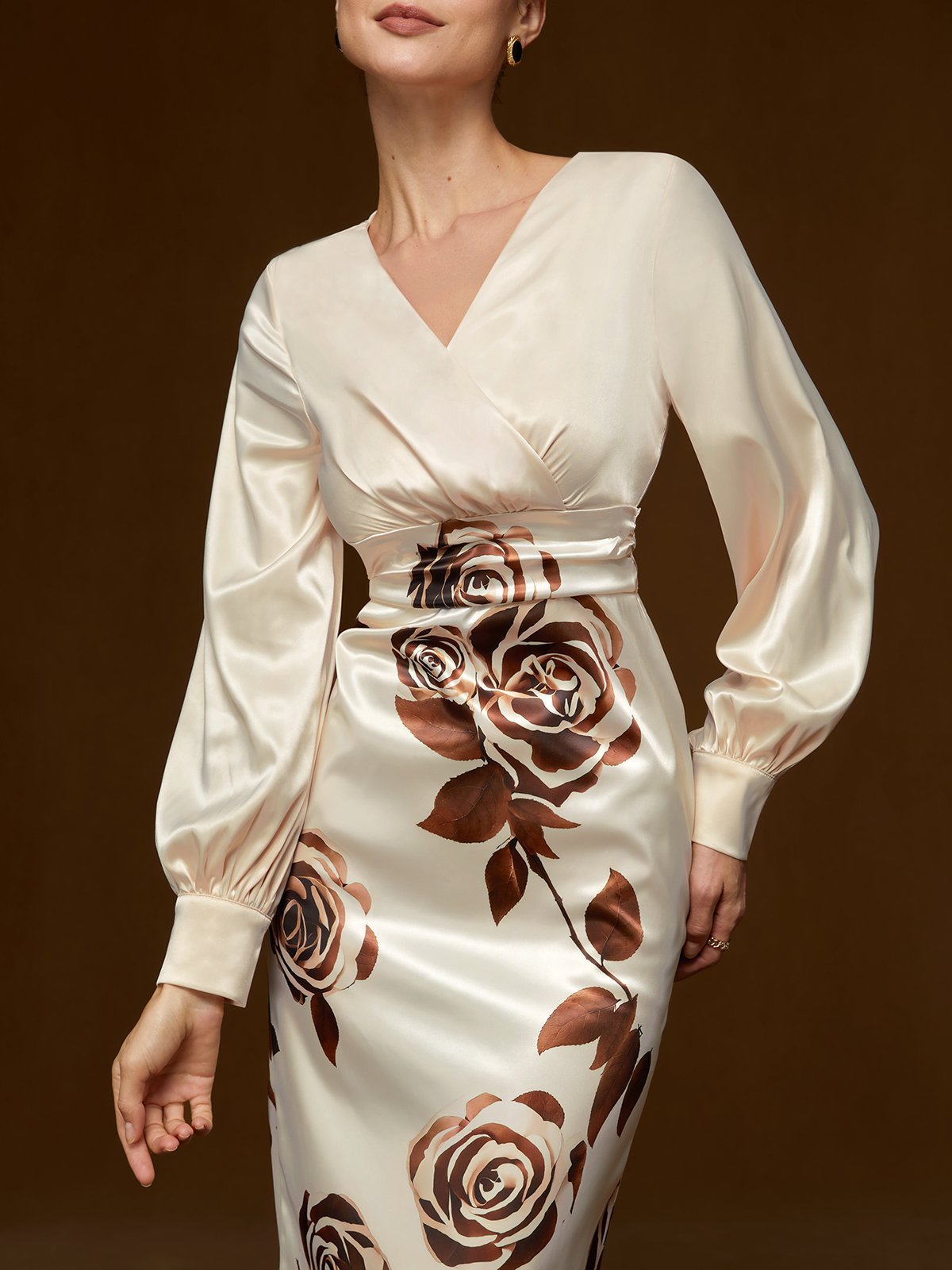 Apricot Floral Balloon Sleeve Sheath Maxi Dress