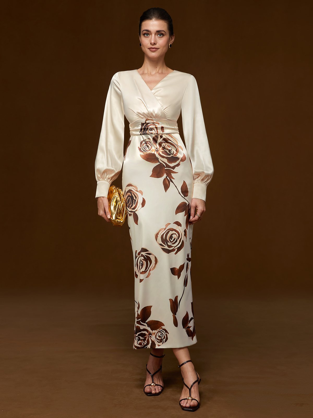 Apricot Floral Balloon Sleeve Sheath Maxi Dress