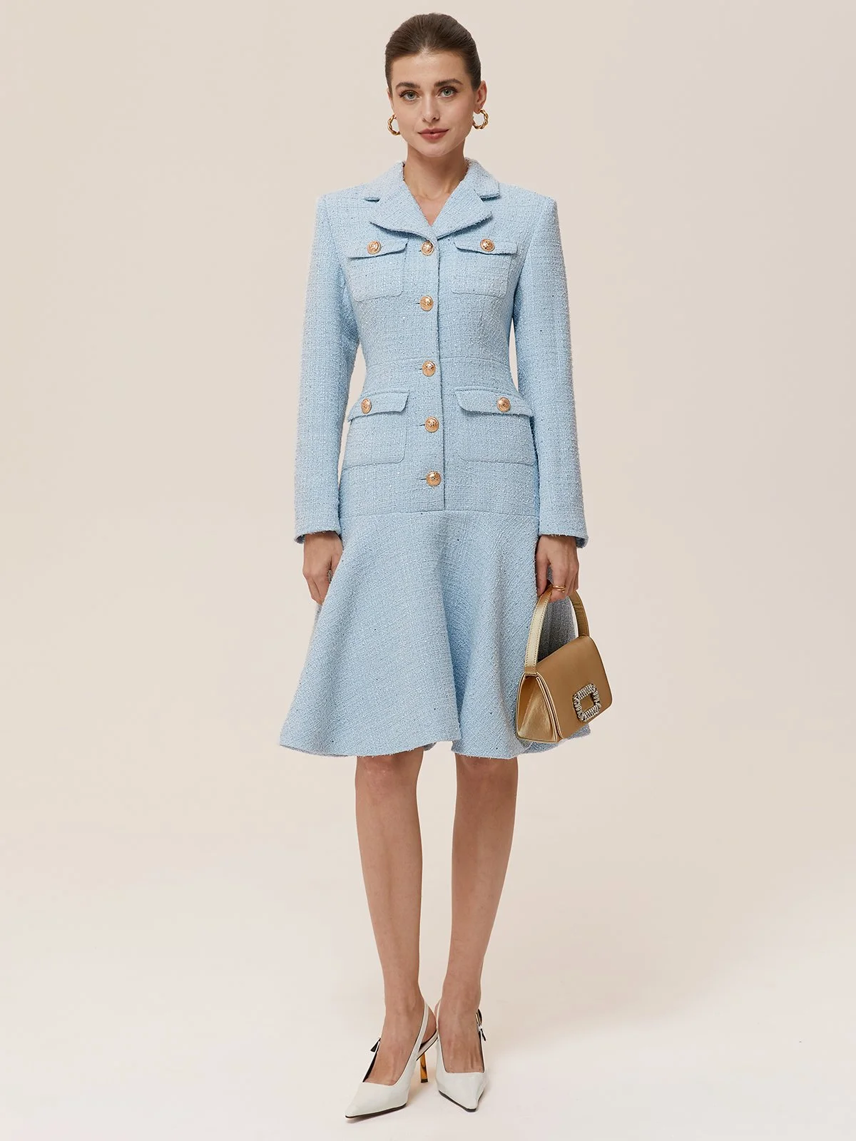 Light Blue Lapel Collar A-Line Midi Tweed Blazer  Dress