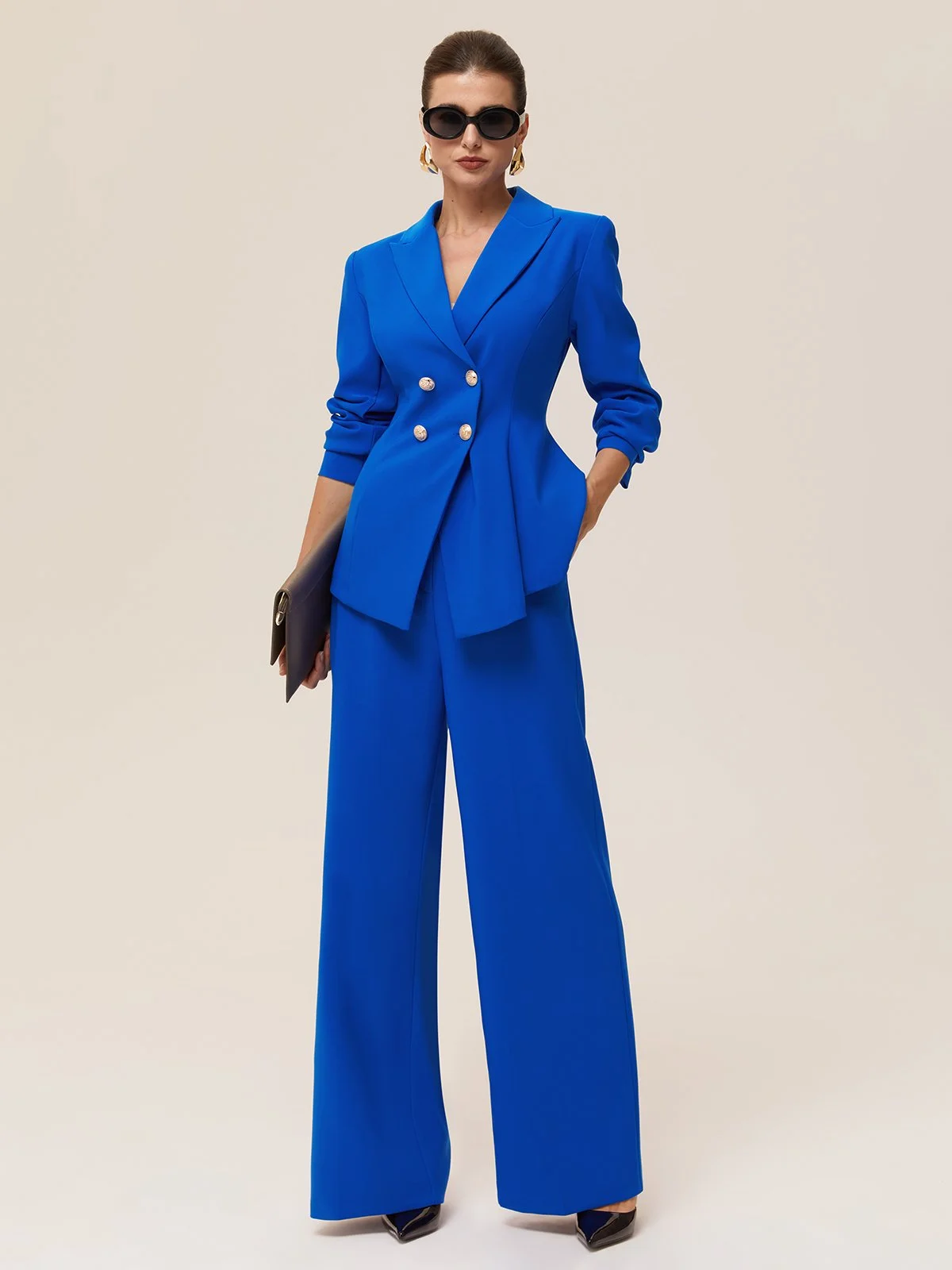 Women Blue Buckle Lapel Collar Long Sleeve Two-Piece Set