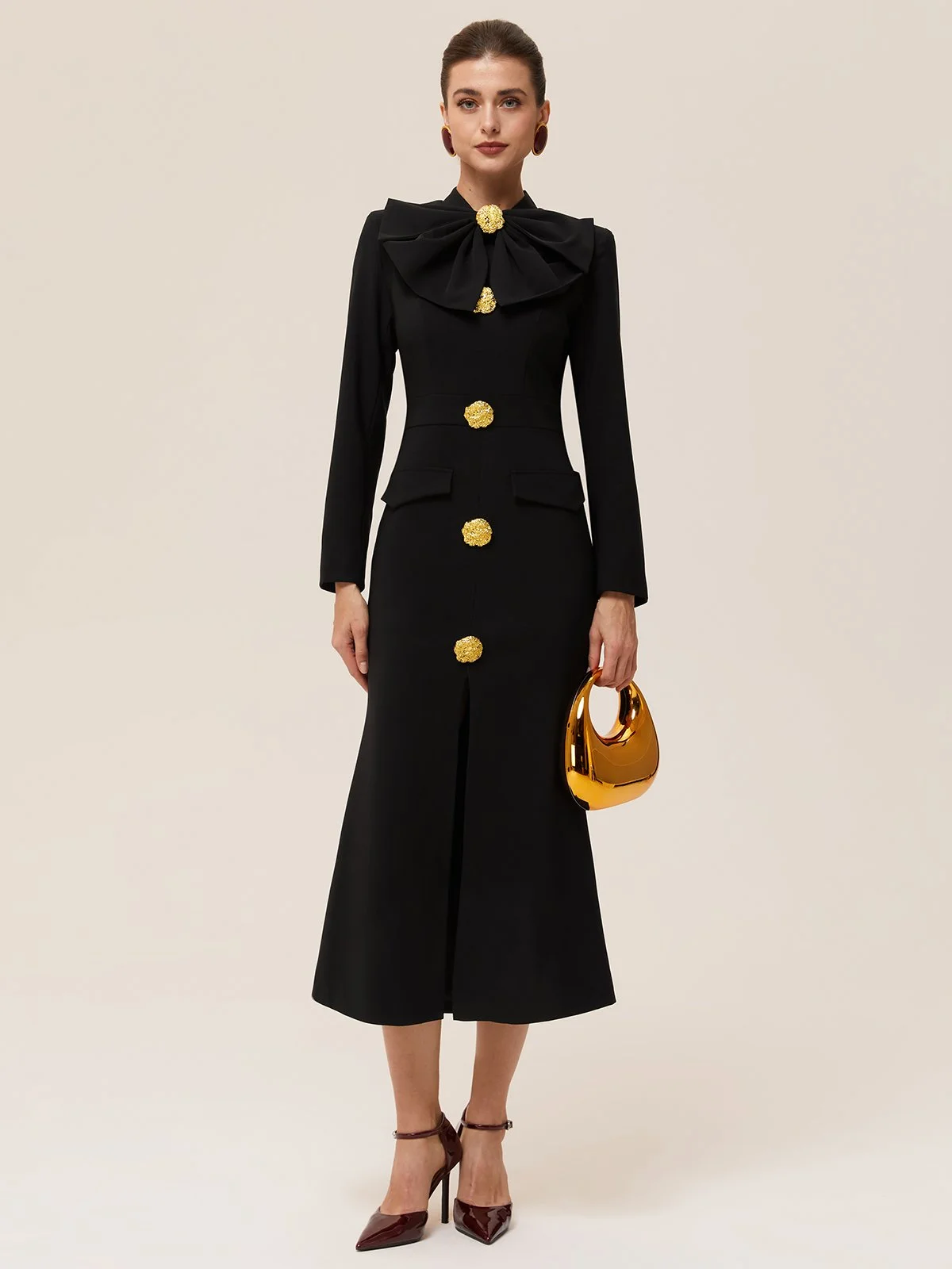 Black Buckle Bow Long Sleeve Sheath Midi Dress