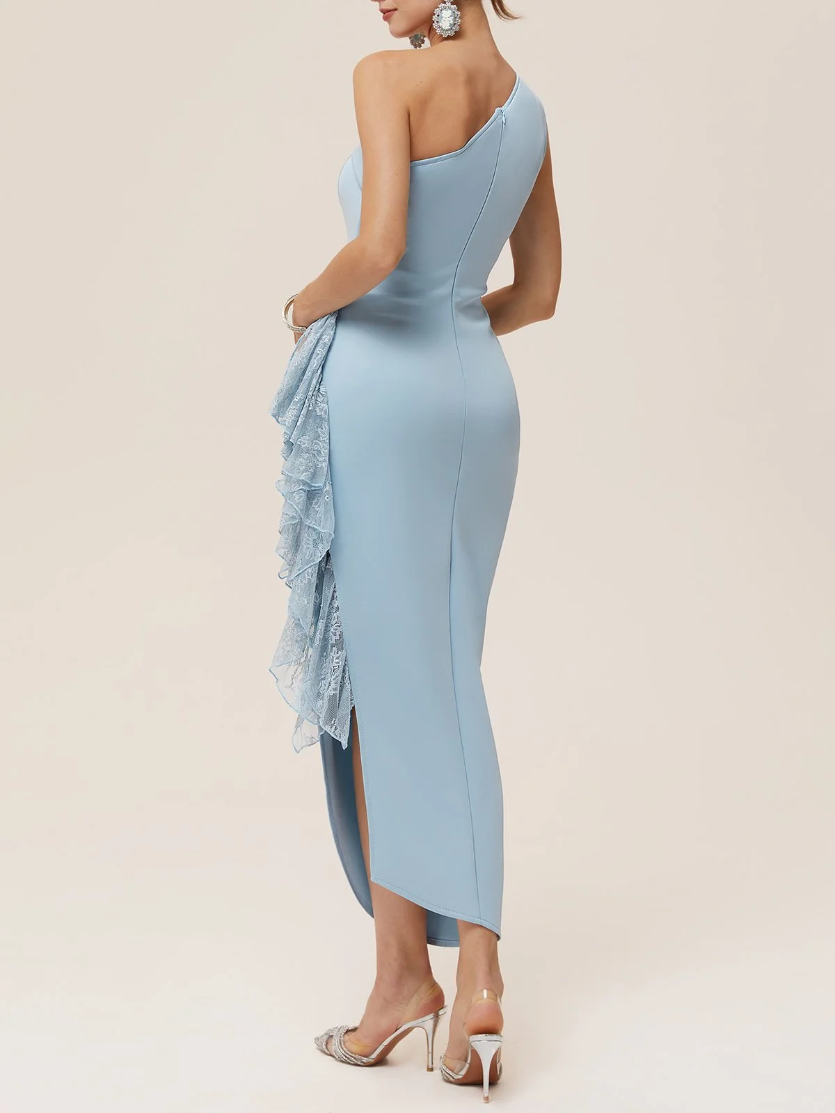 Light Blue Lace Ruched Classic One Shoulder Sleeveless Sheath Midi Dress